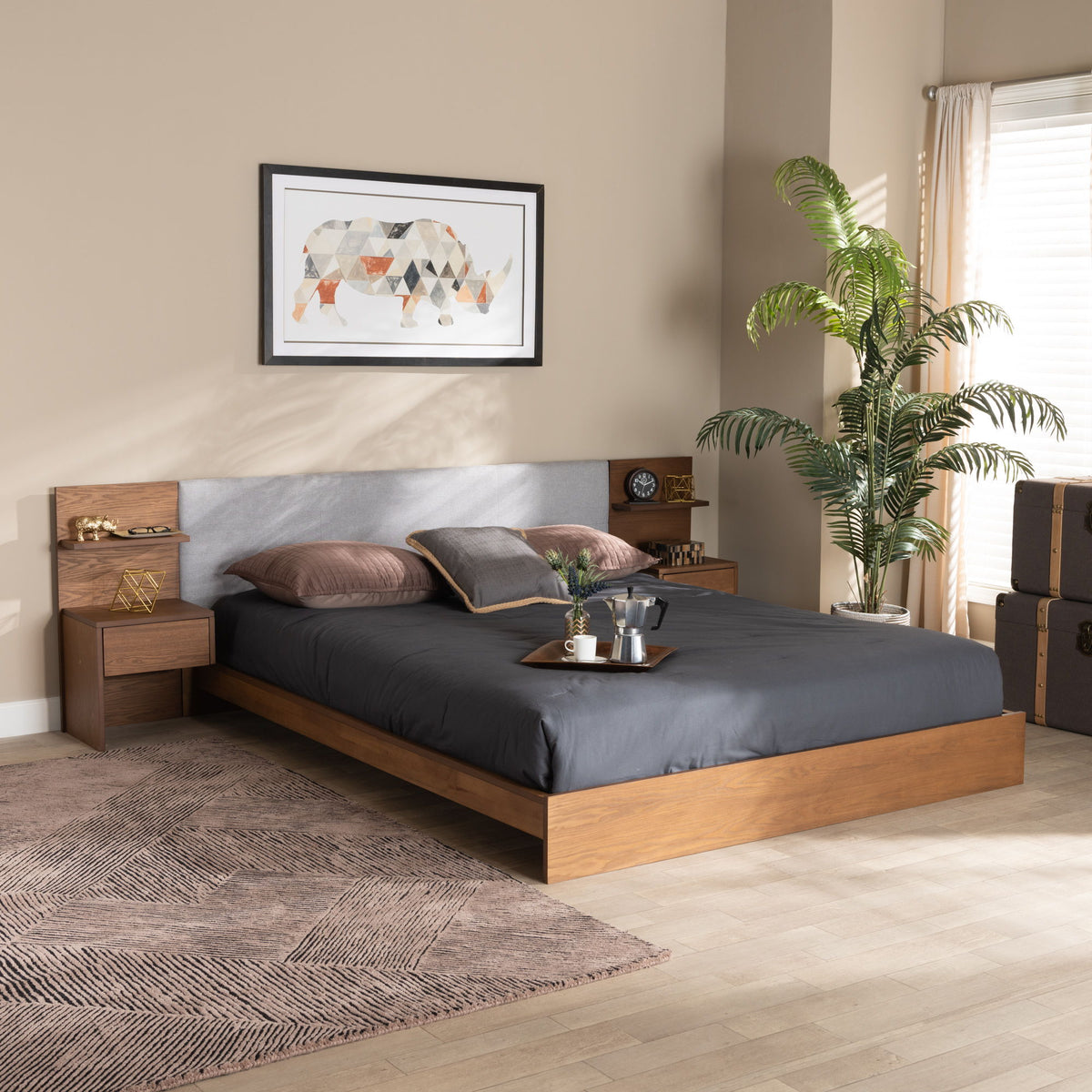 Sami Modern and Contemporary Light Grey Fabric Upholstered and Walnut Brown Finished Wood Queen Size Platform Storage Bed with Built-In Nightstands