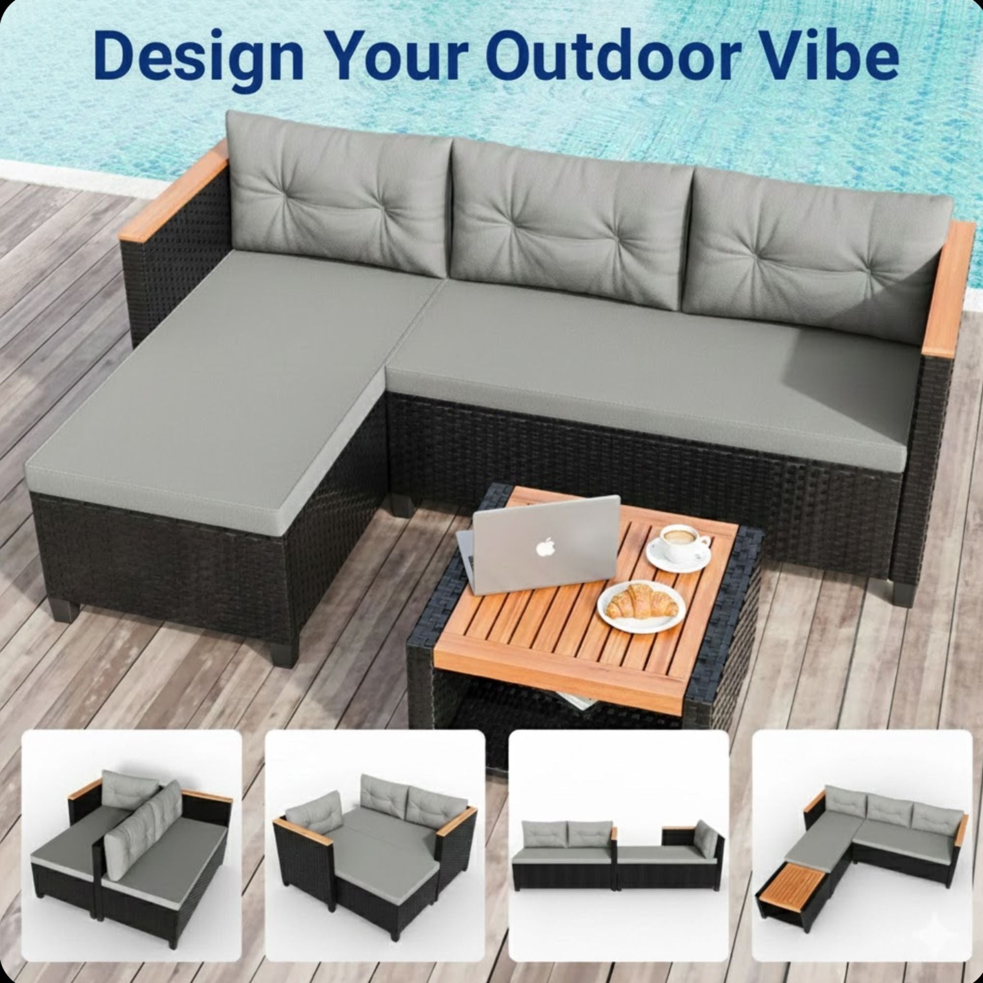 L-Shaped Patio Set With Cushions And Storage Table
