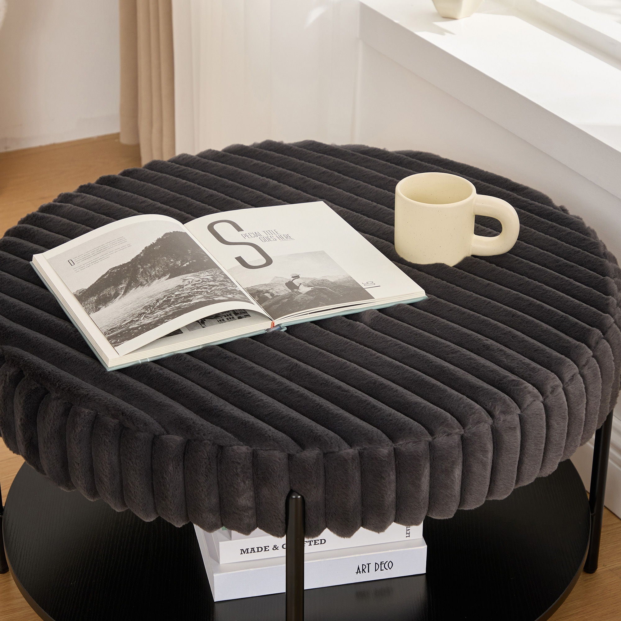 Modern Upholstered Round Ottoman Coffee Table With Storage Shelf