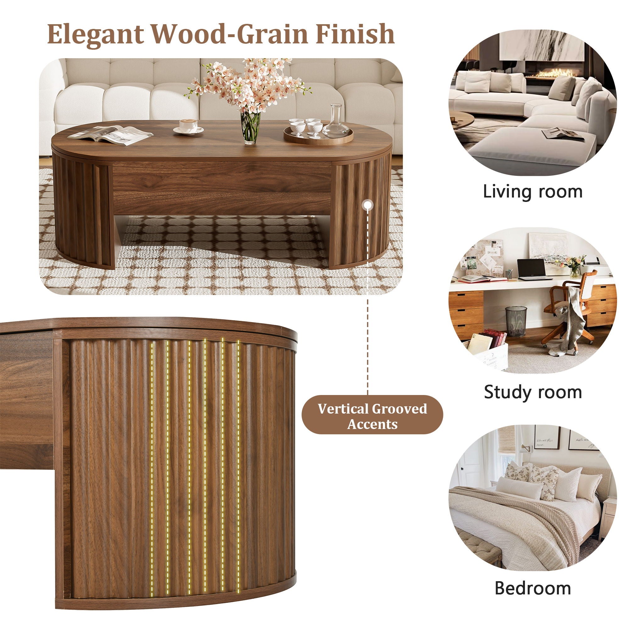 Lift Top Coffee Table With Hidden Compartment, Modern Oval Lift Tabletop For Home Living Room