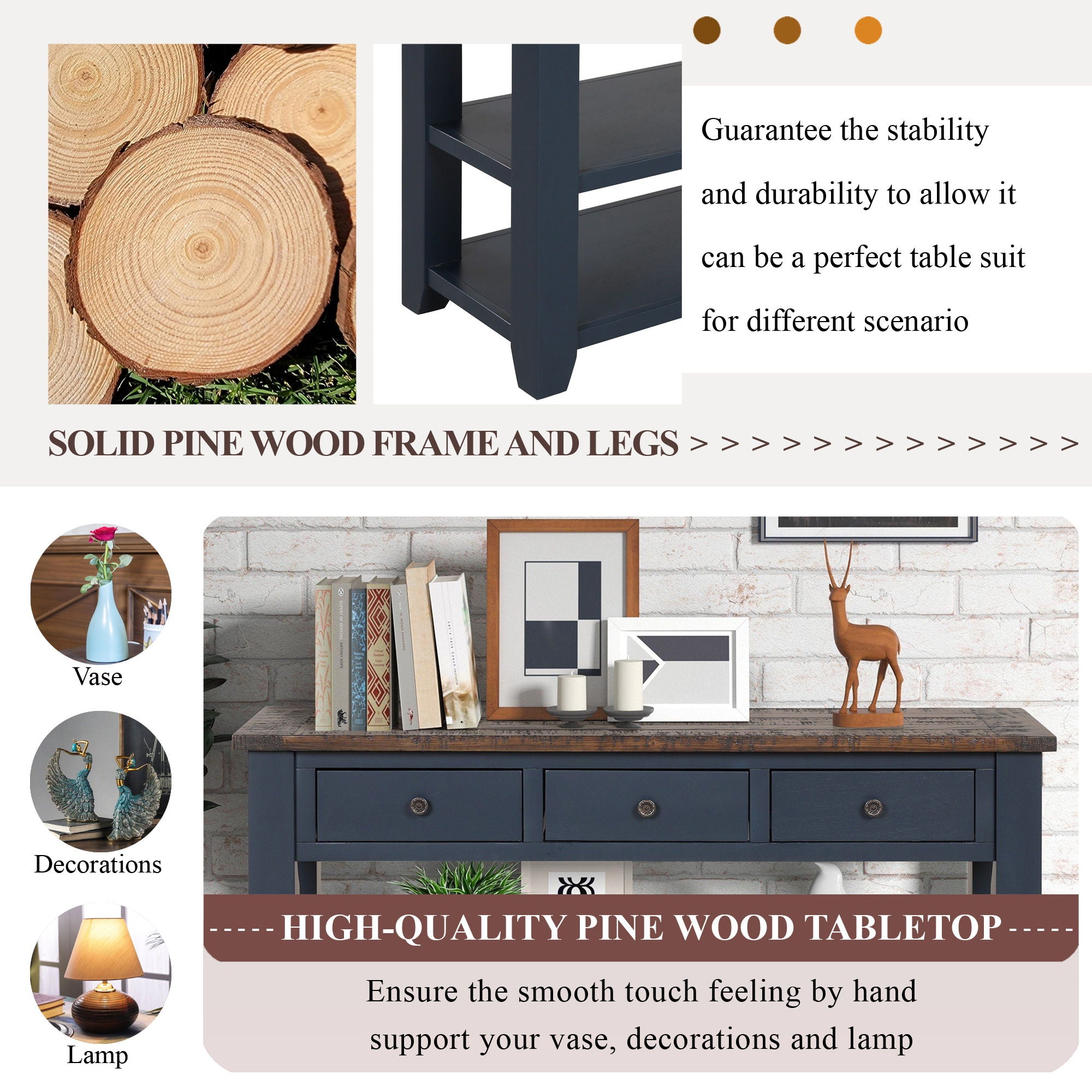 49'' Rectangular Solid 3 Drawer 2 Shelf Console Table - Blue