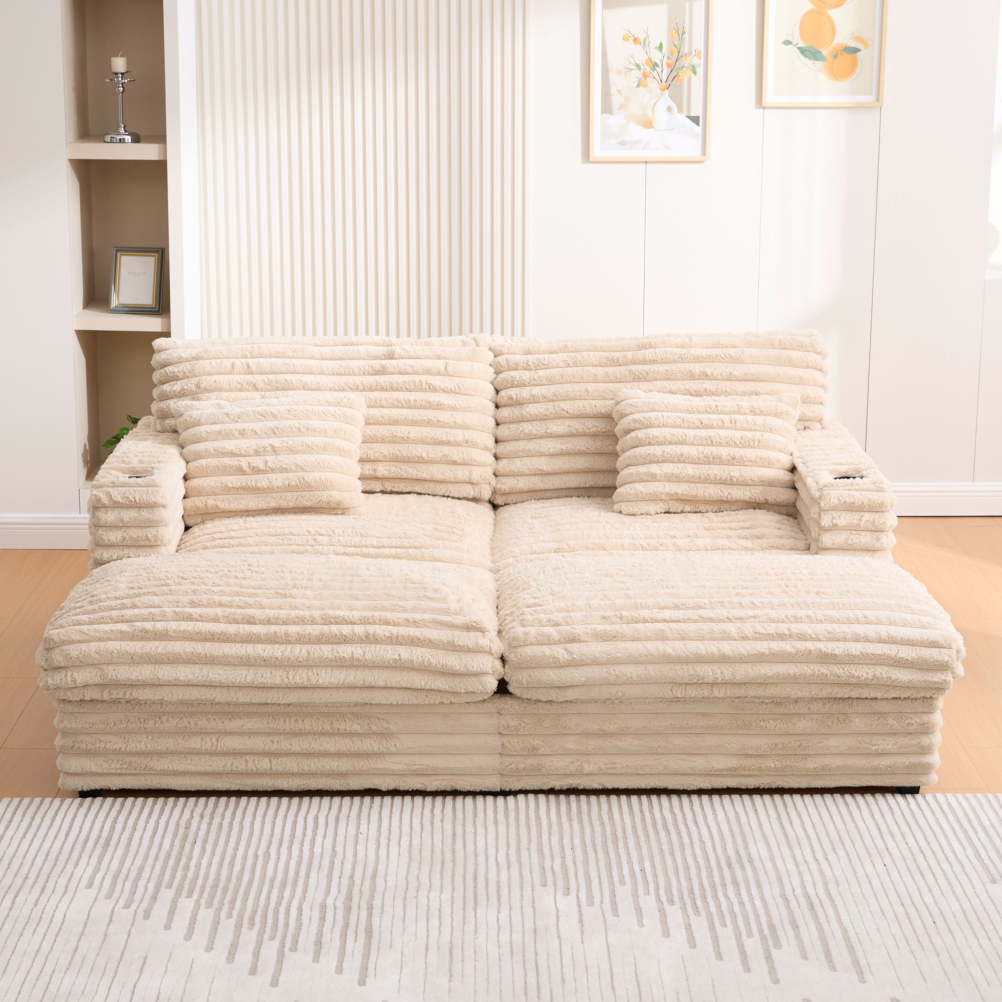 Plush Oversized Double Chaise Lounge Sofa Bed With USB Ports And Cup Holders