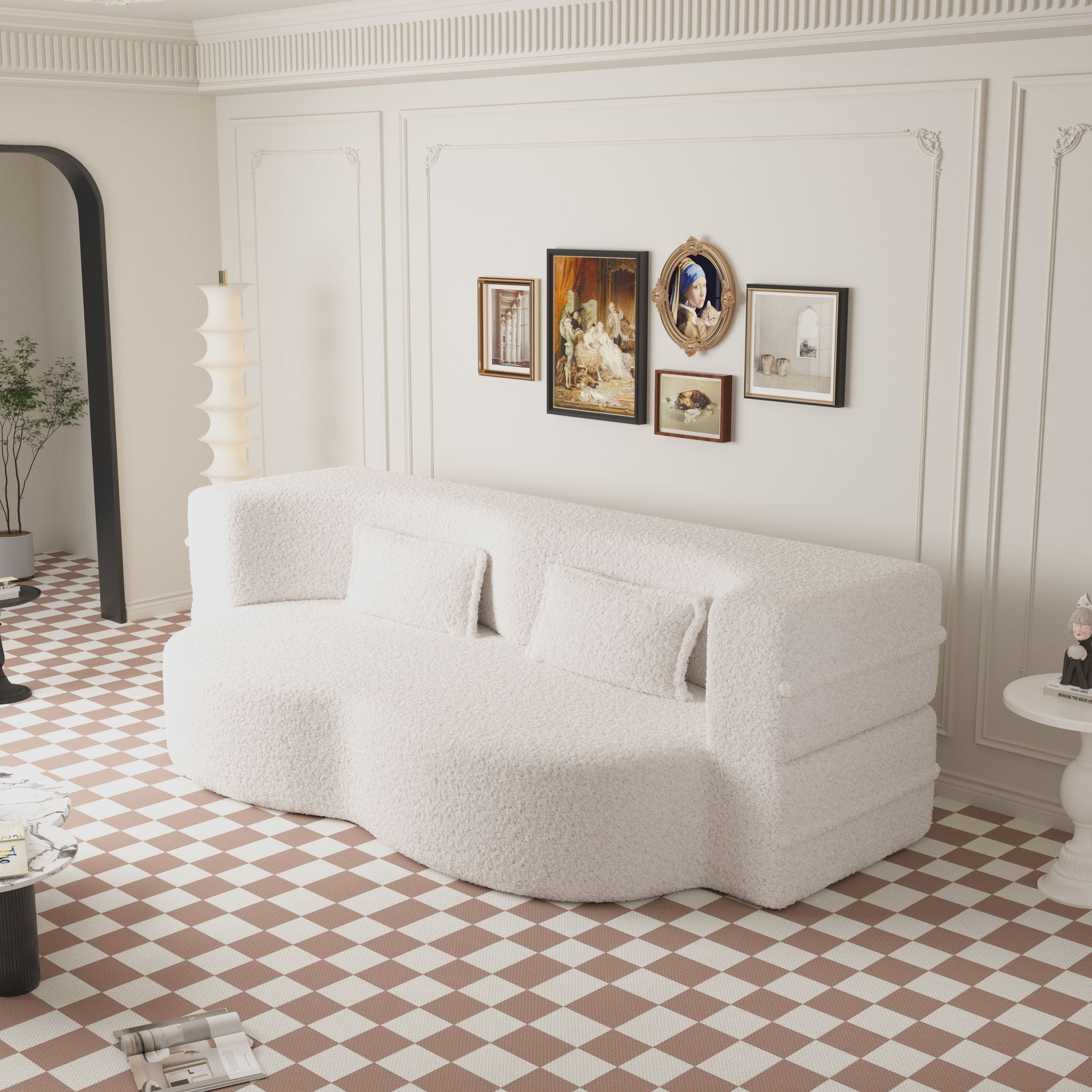 Modern Floor Sofa, With 2 Pillows, Convertible Teddy Fabric Foam Filled Bed