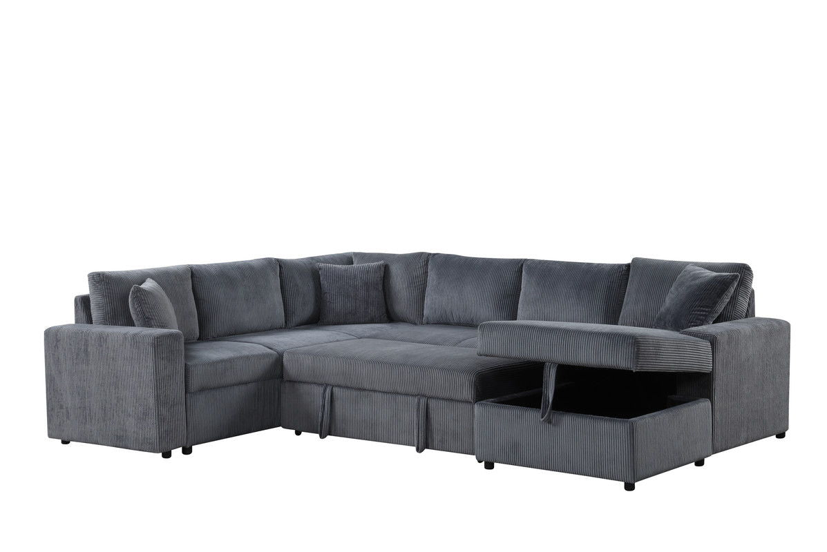 Ruxley 123"W Gray Corduroy Sleeper Sectional Sofa with Right-Facing Storage Chaise and Throw Pillows