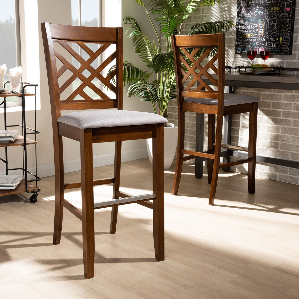 Jason Modern and Contemporary Grey Fabric Upholstered and Walnut Brown Finished Wood 2-Piece Bar Stool Set