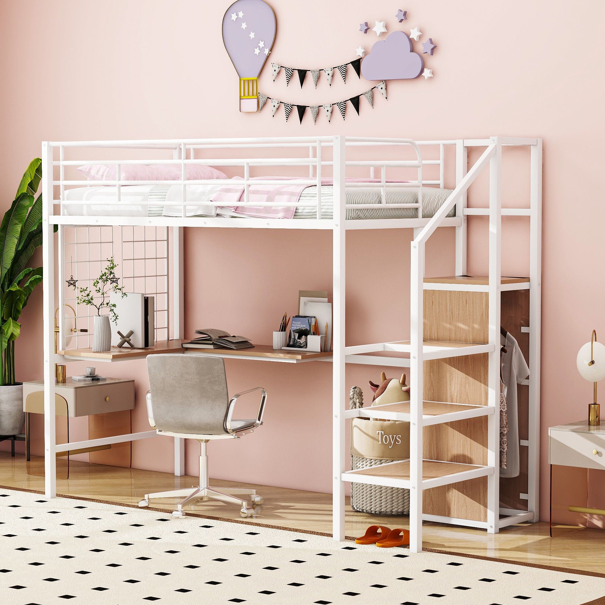 Loft Bed With Desk And Grid, Stylish Frame With Lateral Storage Ladder And Wardrobe