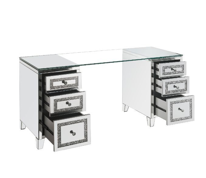 ACME Noralie - Writing Desk - Clear Glass, Mirrored & Faux Diamonds - 31" | Meri Furniture