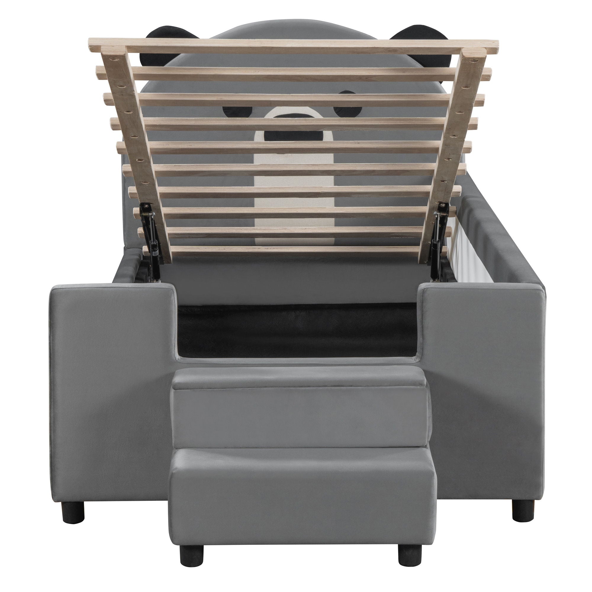 Upholstered Daybed With Bear Shaped Headboard, Hydraulic System And Breathable Mesh Fence