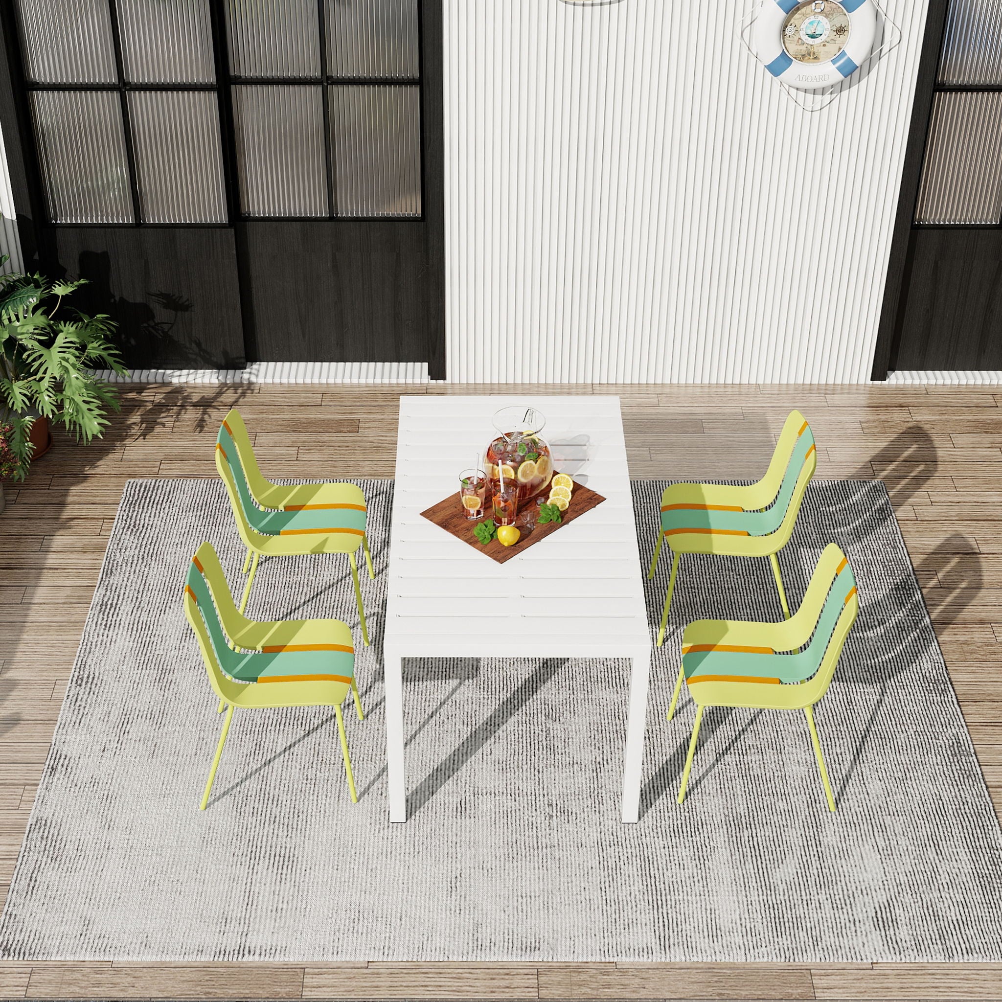 4 Piece Set Of Modern Striped Color- Blocking Single Chairs With Long Table