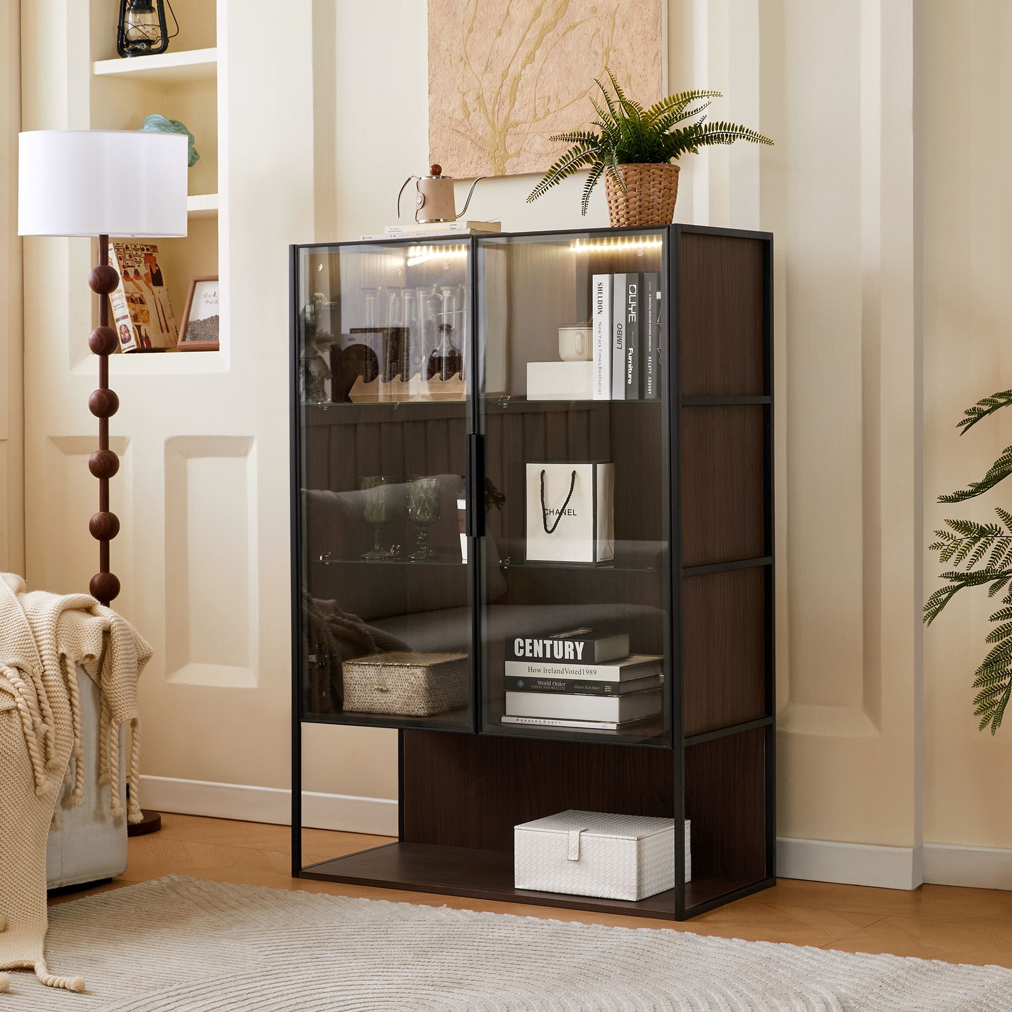 Modern Minimalist Tall Lighted Display Cabinet With Tempered Glass Door - Black / Dark Walnut