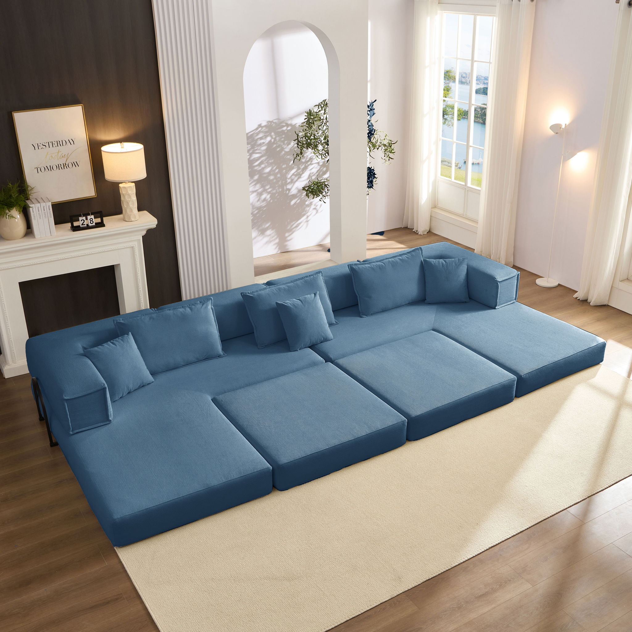 Modular L Shaped Floor Living Room Sofa Set With 6 Pillows