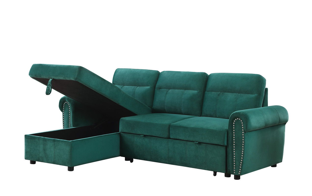 Ashton 96.5"W Green Velvet Fabric Reversible Sleeper Sectional Sofa Chaise