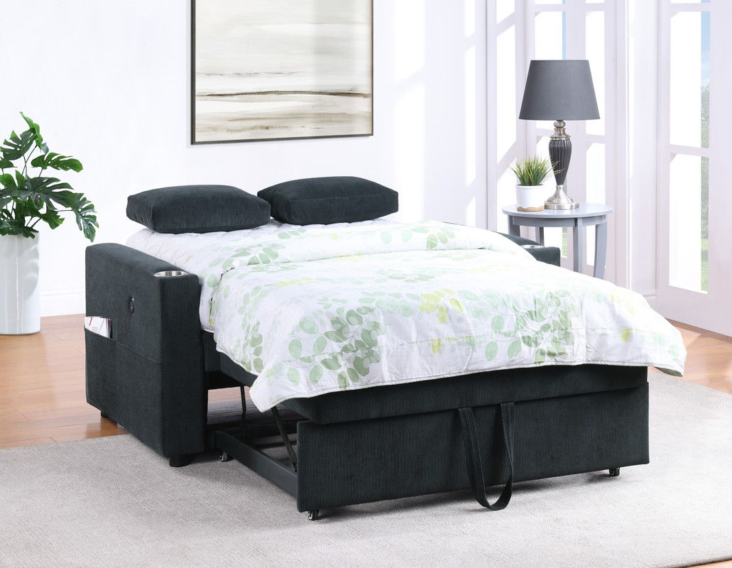 Luelle 57"W Black Corduroy Convertible Sleeper Loveseat with Cupholders, USB Ports, Magazine Pockets, Pillows, Tufting
