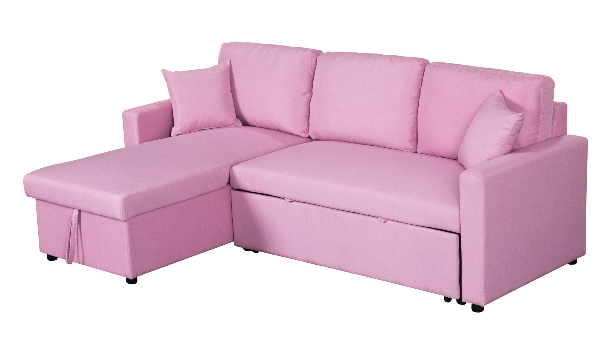 Paisley 82"W Pink Linen Fabric Reversible Sleeper Sectional Sofa with Storage Chaise