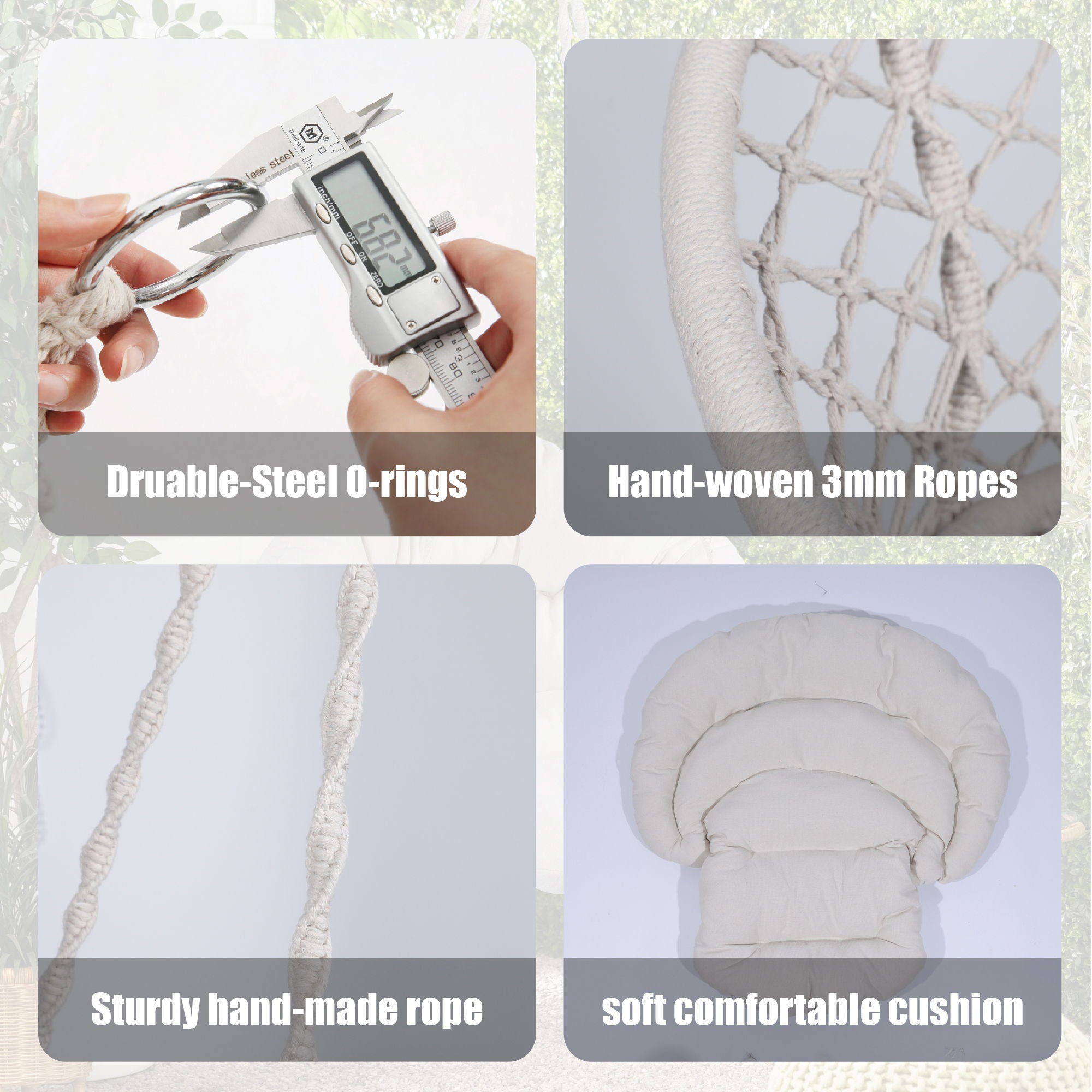 Macrame Hanging Hammock Chair With Cushion, Cotton Rope Swing For Indoor And Outdoor Use, 330 Lbs Capacity - Beige