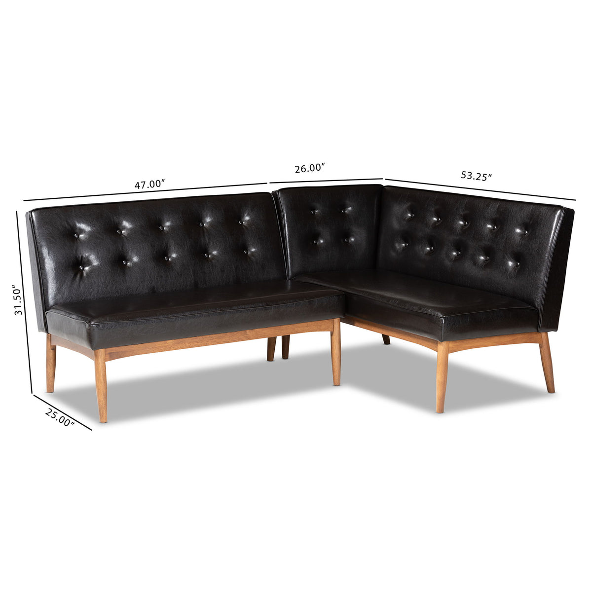 Arvid Mid-Century Modern Dark Brown Faux Leather Upholstered 2-Piece Wood Dining Nook Banquette Set