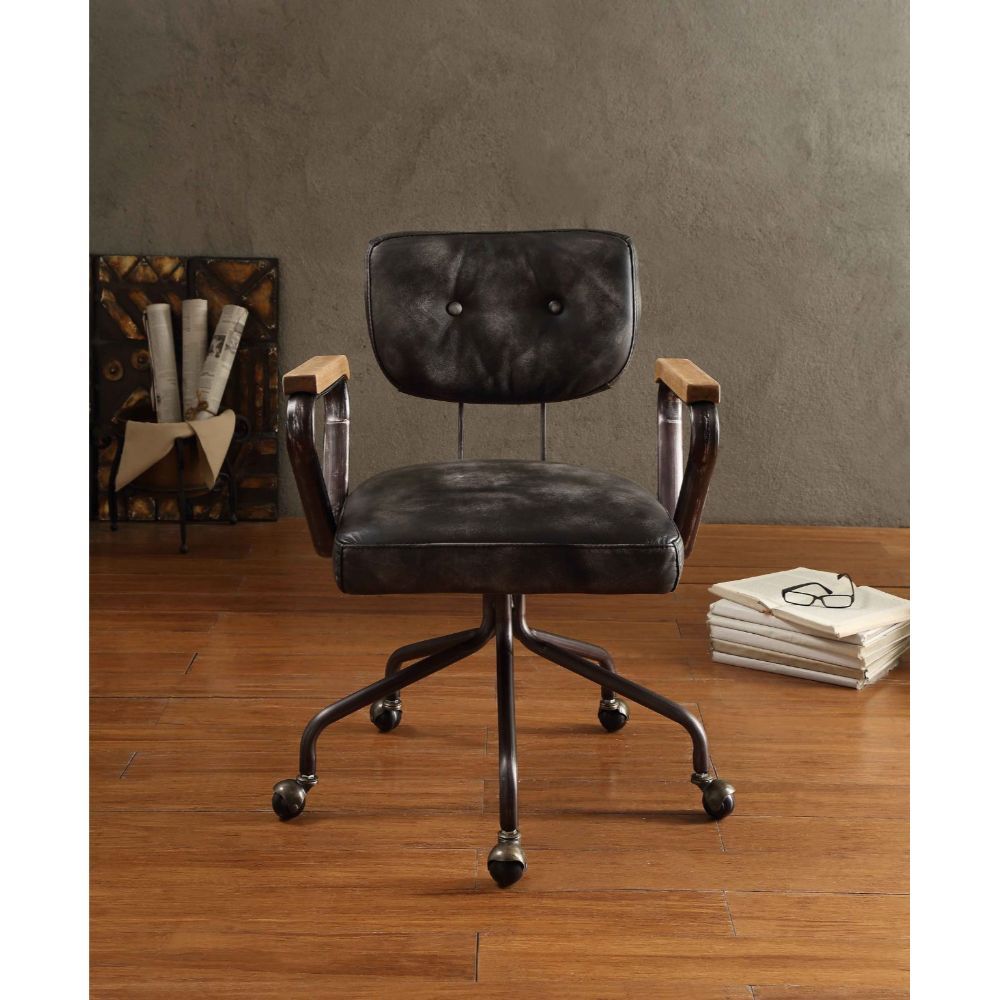 ACME Our durable Hallie office chair gets its industrial look from oversized button tufted back and vintage top grain leather. The 5-star swivel base fitted with casters, it keeps you moving from one task to the next. Some Assembly Required. | Meri Furnit