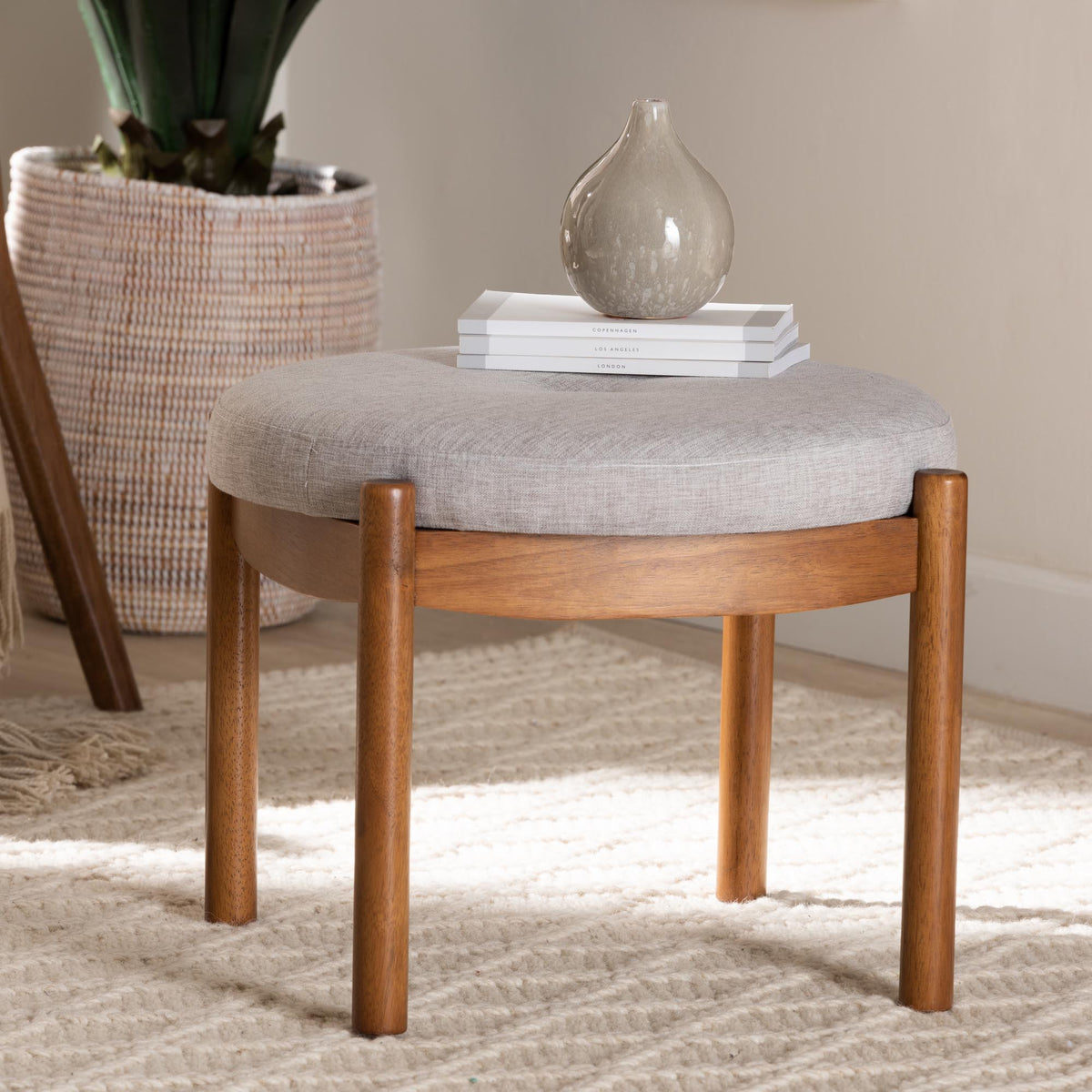Iliana Japandi Greyish Beige Fabric and Walnut Brown Finished Wood Ottoman Footstool