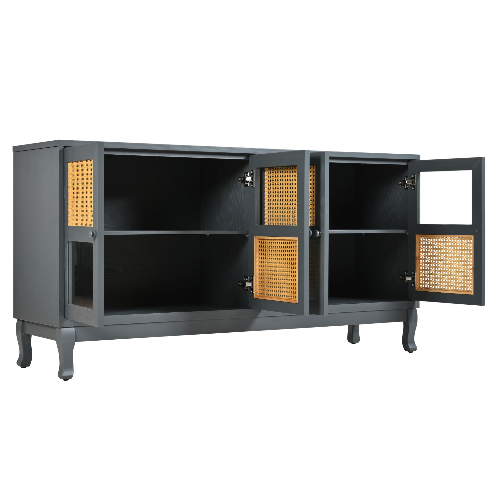 Retro Industrial 4 Door Sideboard With Large Storage, Rattan And Glass Doors
