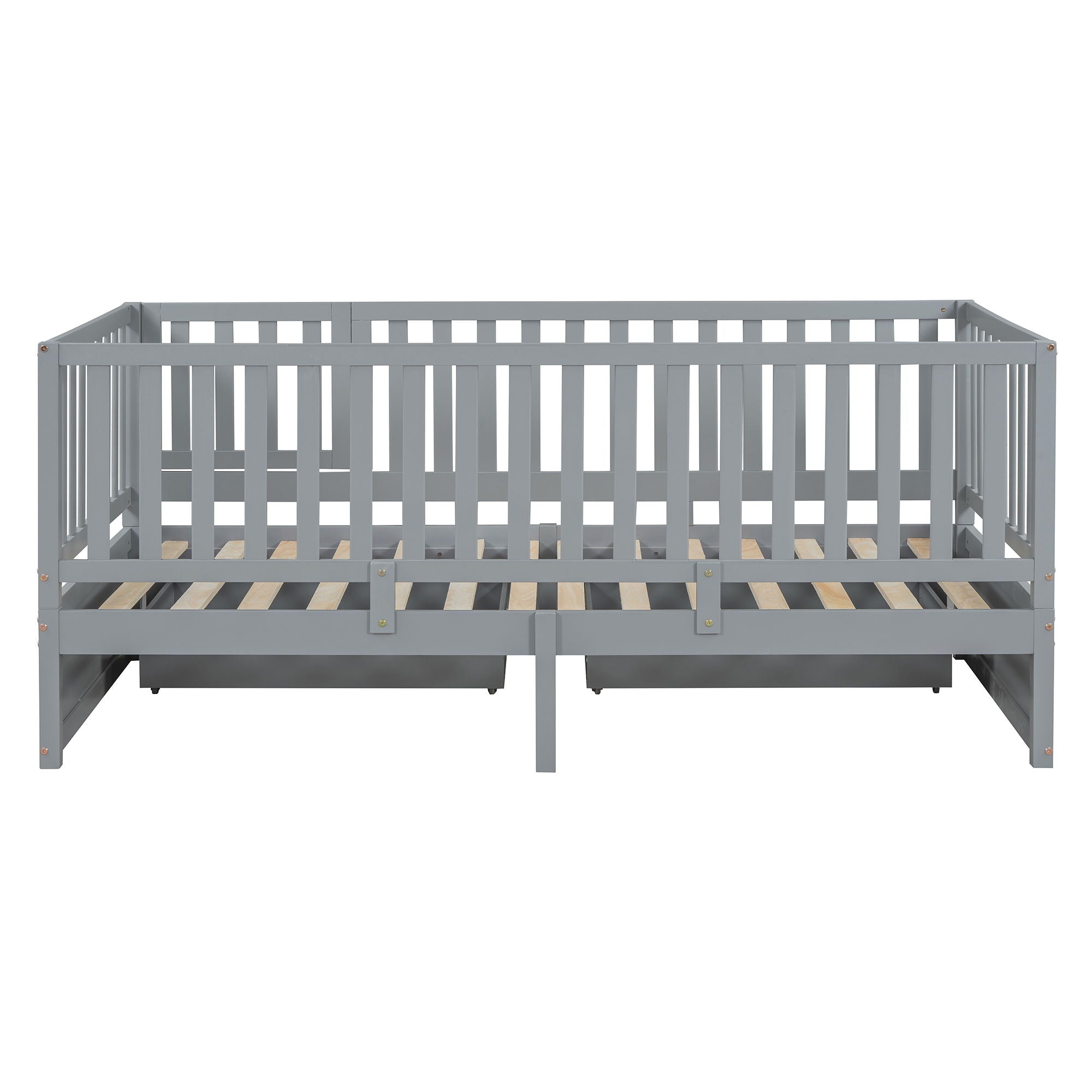 Daybed With Fence Guardrails And 2 Drawers, Split Into Independent Floor Bed & Daybed