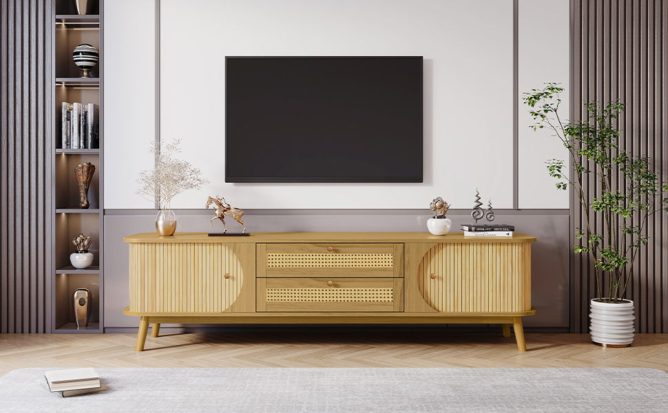 Rattan TV Stand For Tvs Up To 75'', Modern Farmhouse Media Console, Entertainment Center With Legs, TV Cabinet For Living Room, Home Theatre - Natural Wood
