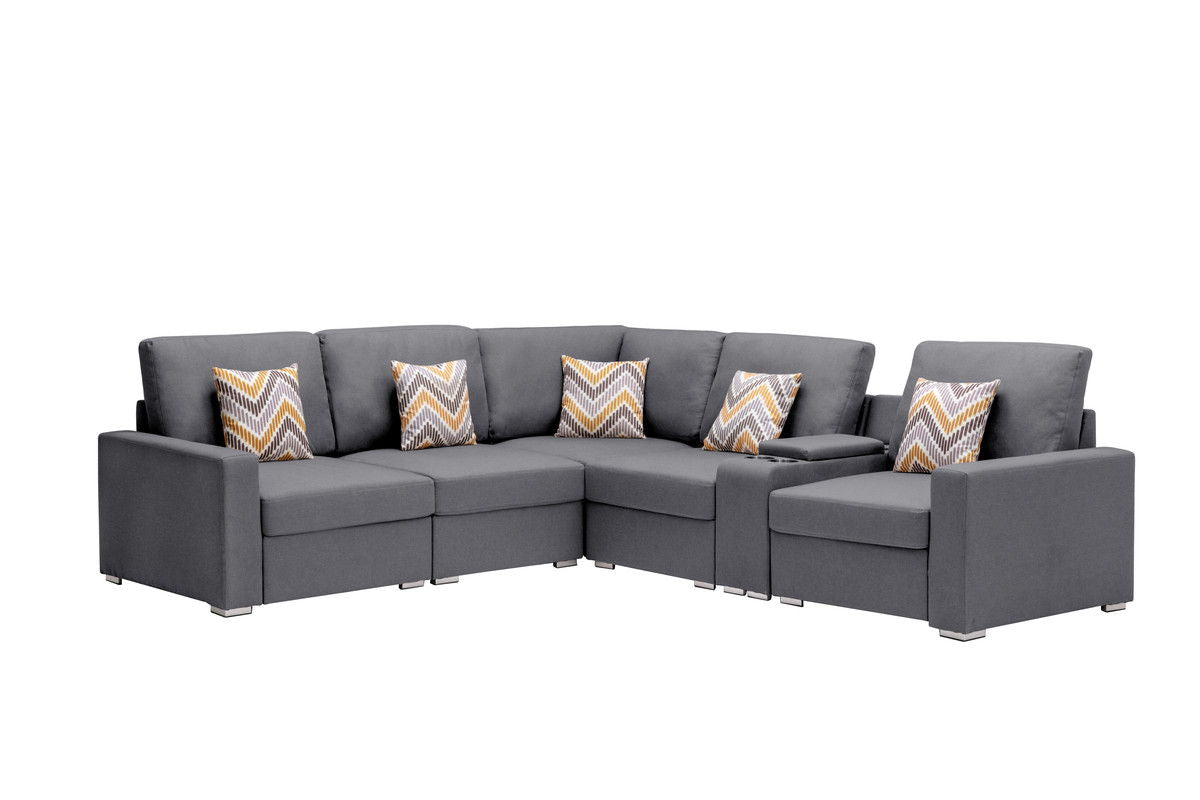 Nolan 106"W Gray Linen Fabric 6Pc Reversible Sectional Sofa with a USB, Charging Ports, Cupholders, Storage Console Table and Pillows and Interchangeable Legs