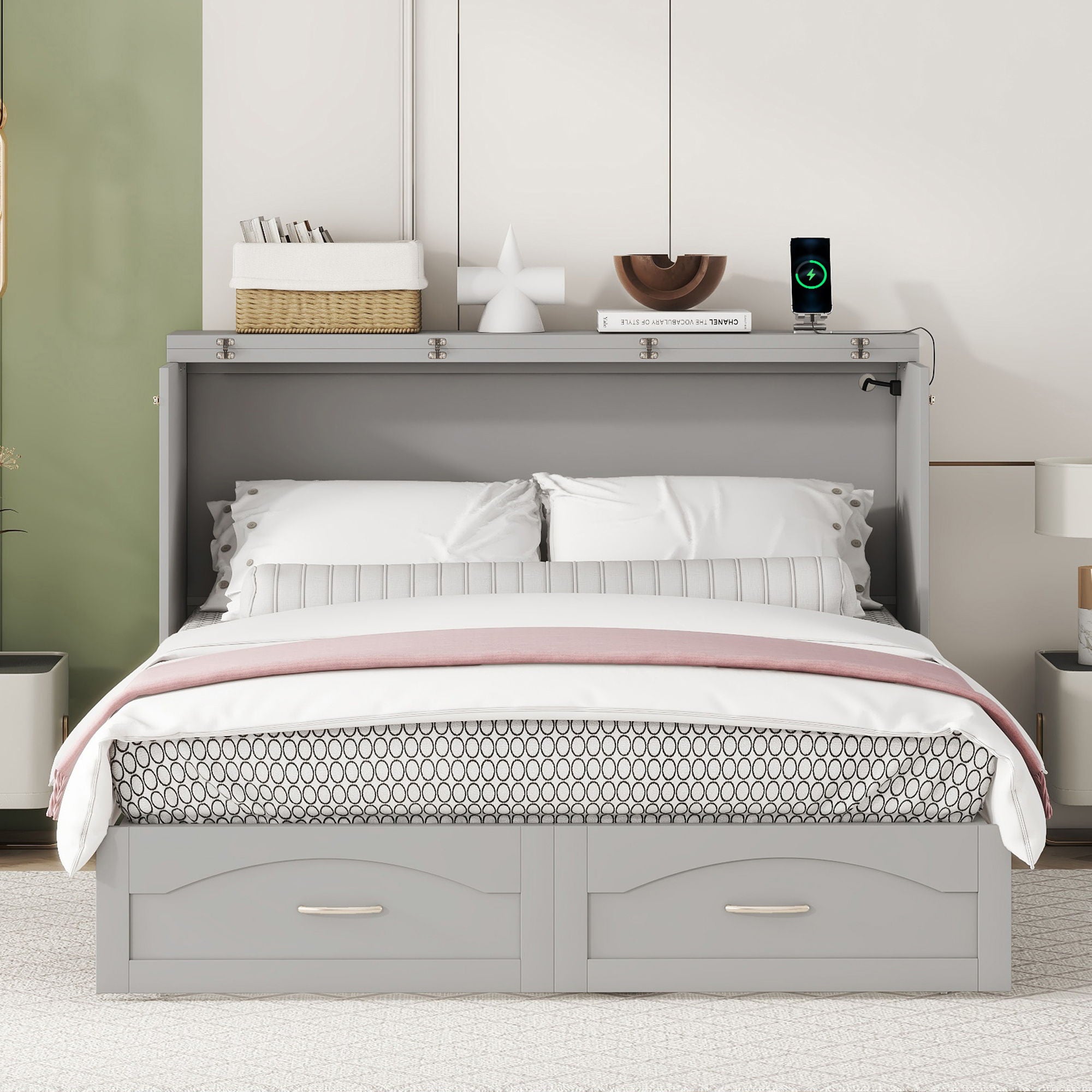 Murphy Wall Bed With Drawer And A Set Of Sockets & USB Ports, Pulley Structure Design