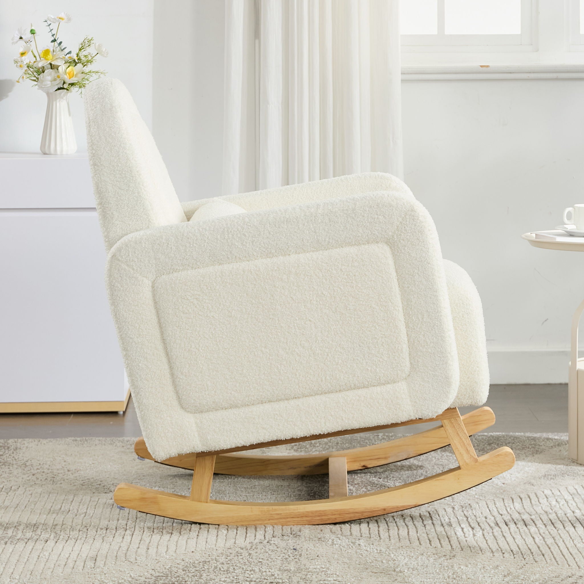 Accent Rocking Chair With Curved Back & Pillow, Base, Ultimate Comfort For Living Room Or Nursery - Cream White