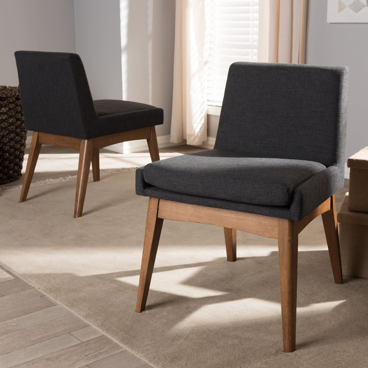 Nexus Mid-Century Modern Walnut Wood Finishing Dark Fabric Dining Side Chair (Set of 2)