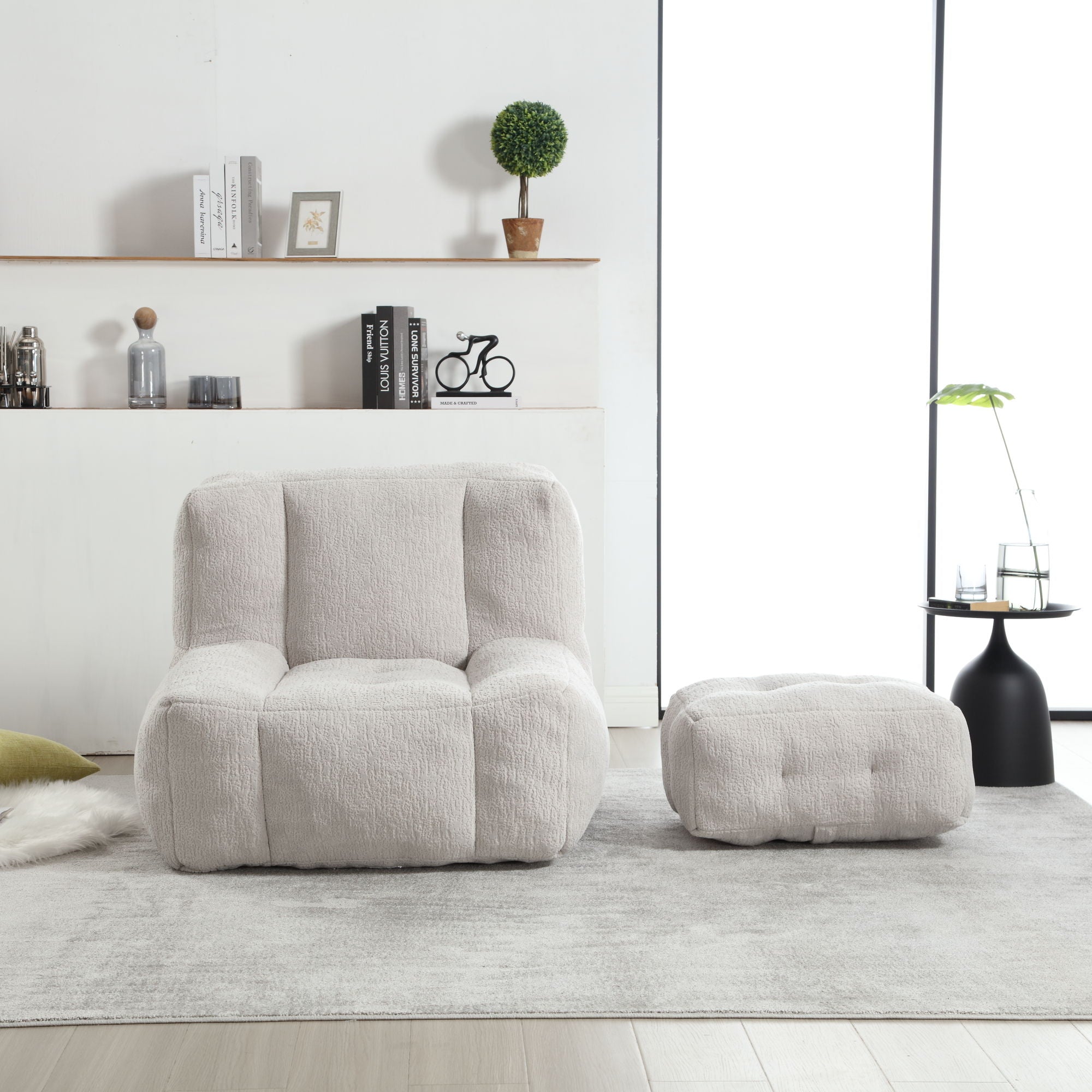 Modern Indoor Fluffy Bean Bag Chair With Memory Foam And Ottoman, Super Soft