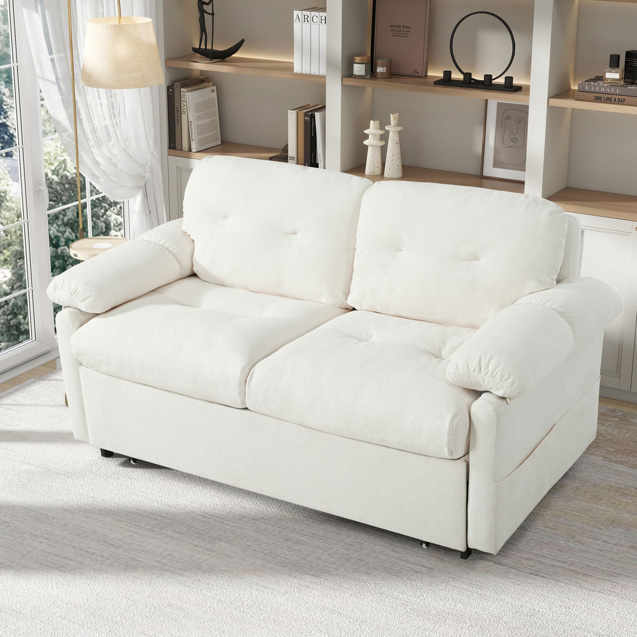 Modern Convertible Sleeper Sofa Bed With Pull-Out Queen Design, Side Storage & Thick Cushions