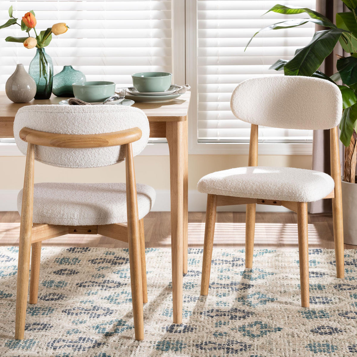 Wattsu Boucle Upholstered Dining Chair Set of 2- Mid-Century Modern Side Chair with Solid Wood Frame and Rounded Backrest, Natural and White