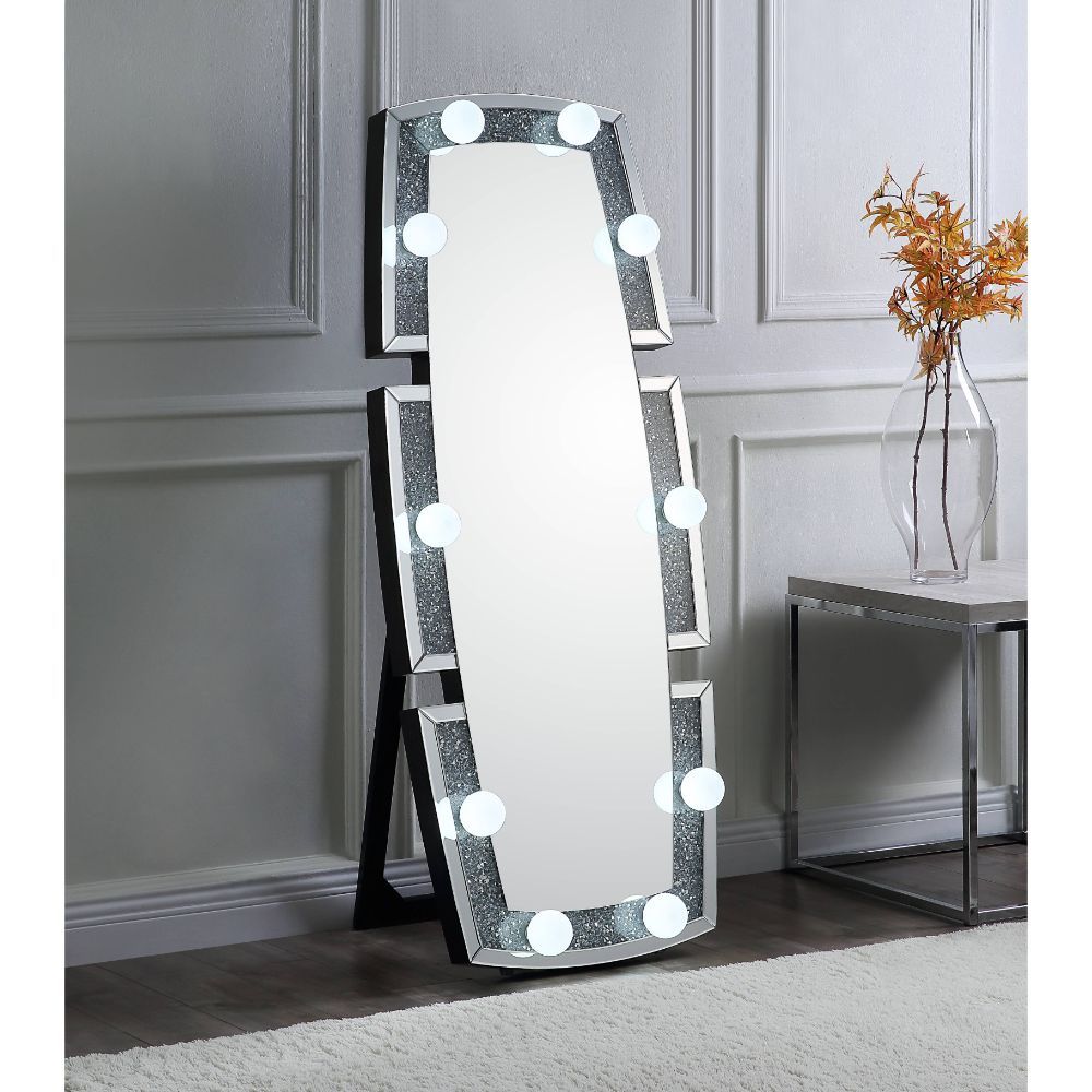 ACME Noralie - Accent Floor Mirror - Mirrored & Faux Diamonds - 63" | Meri Furniture