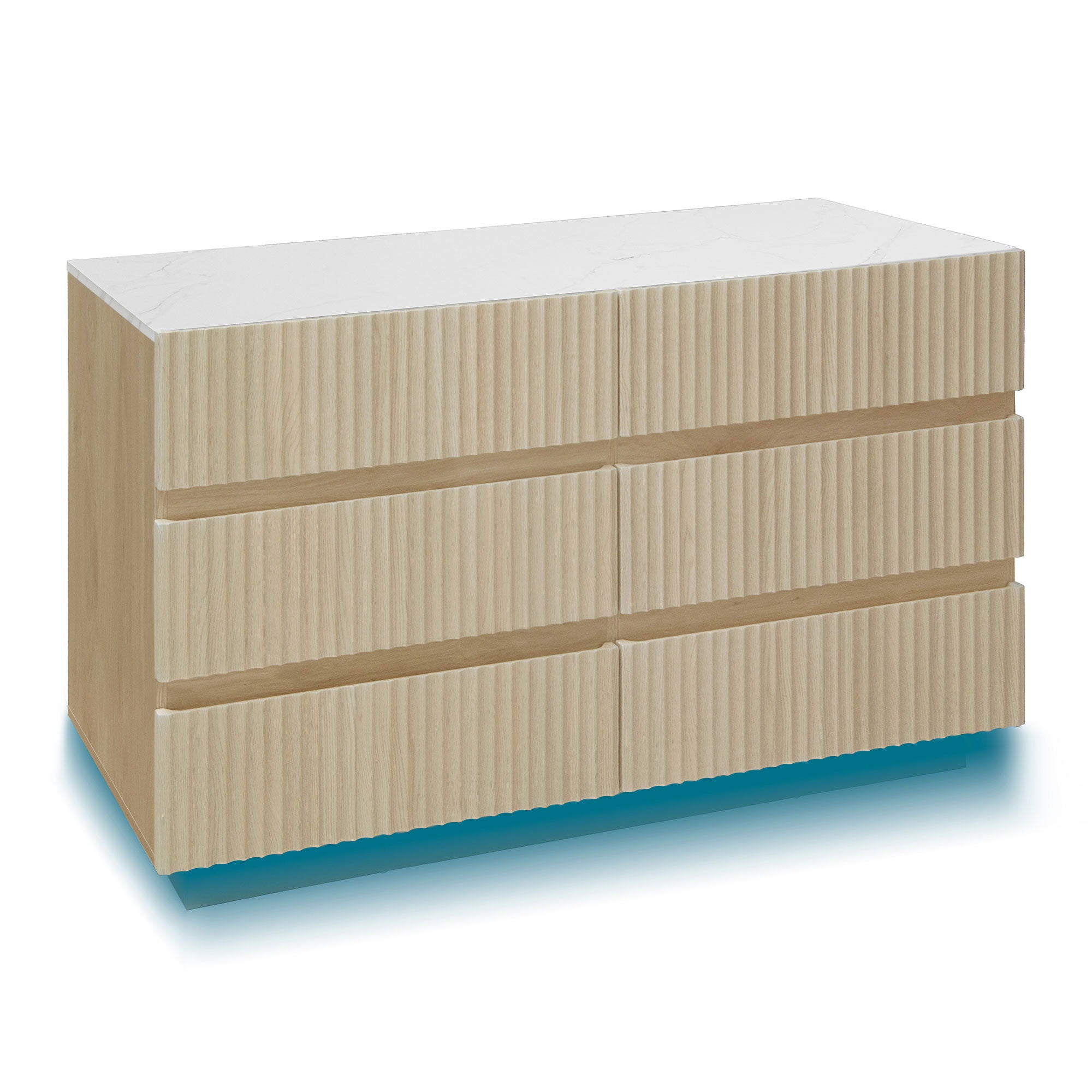Fluted 6 Drawers Dresser, Double Dresser Chest Of Drawers, Modern Chest Of Drawers With LED, Drawer Organizer For Bedroom, Living Room, Hallway - Natural