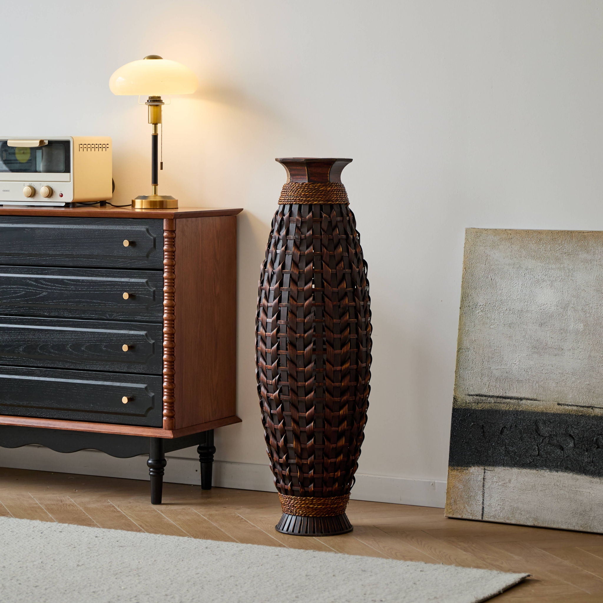 Hand Woven Bamboo Floor Vase, Decorative Accent For Living Room - Acacia Wood
