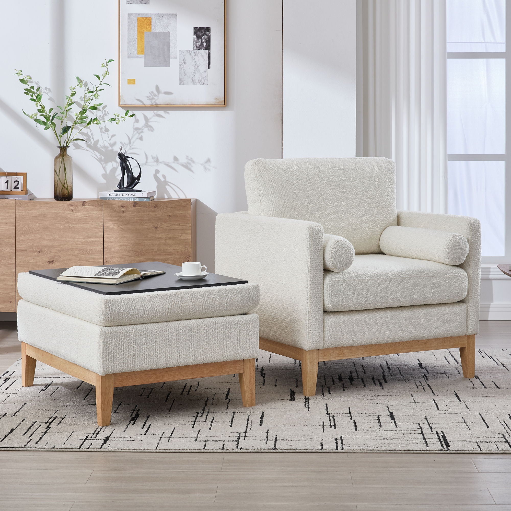 Oversized Swivel Barrel Accent Chair And Ottoman Set With Storage