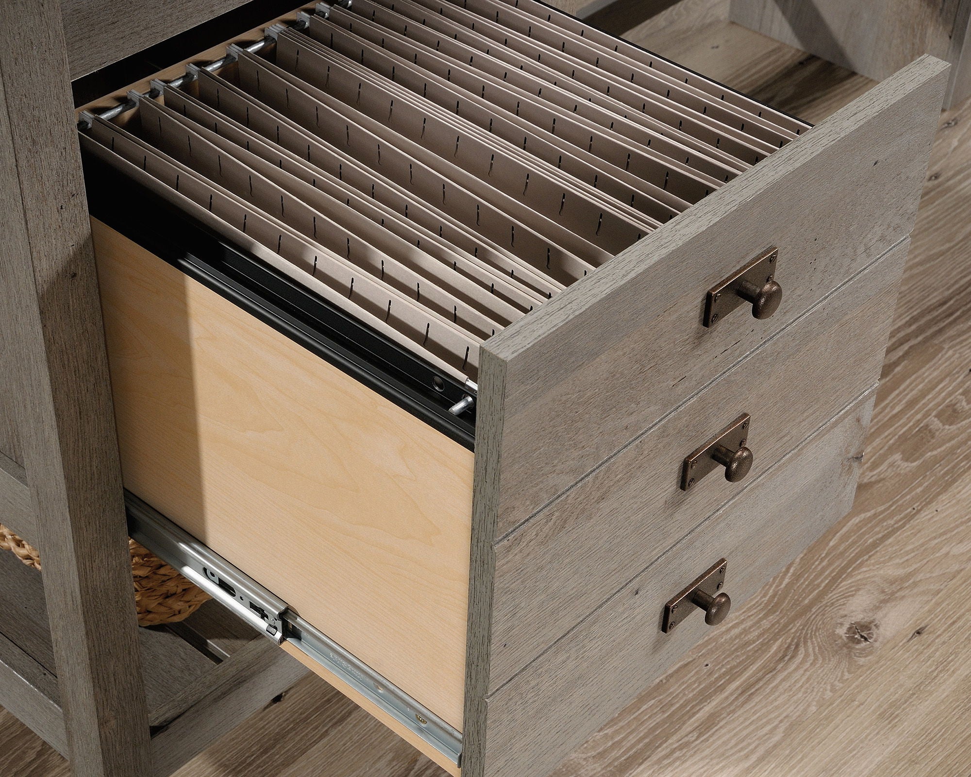 Wood L-Shaped Desk in Mystic Oak Finish