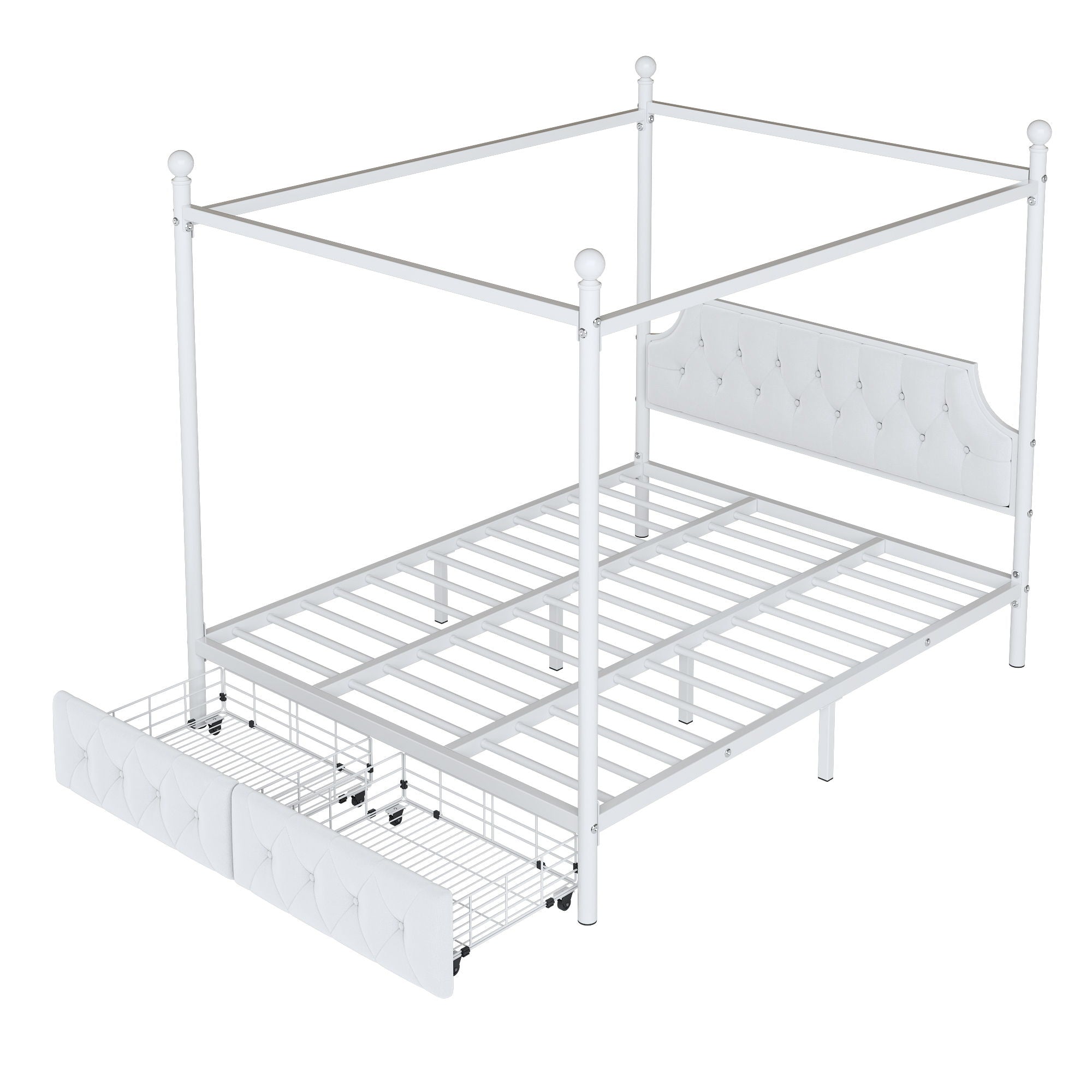 Canopy Platform Bed With Upholstered Headboard And 2 Storage Drawers - White