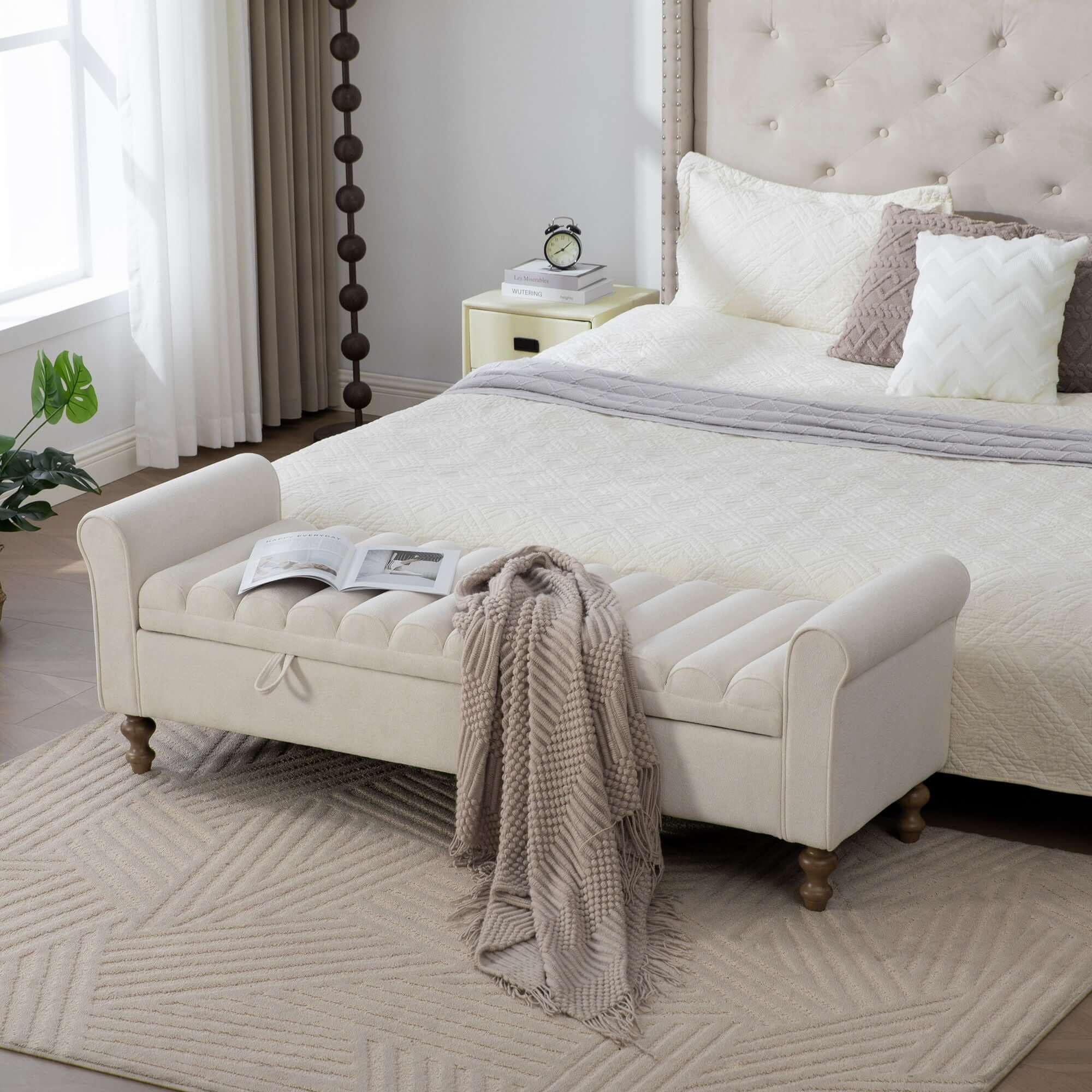 Wide Modern Upholstered Storage Bench With Rolled Armrest