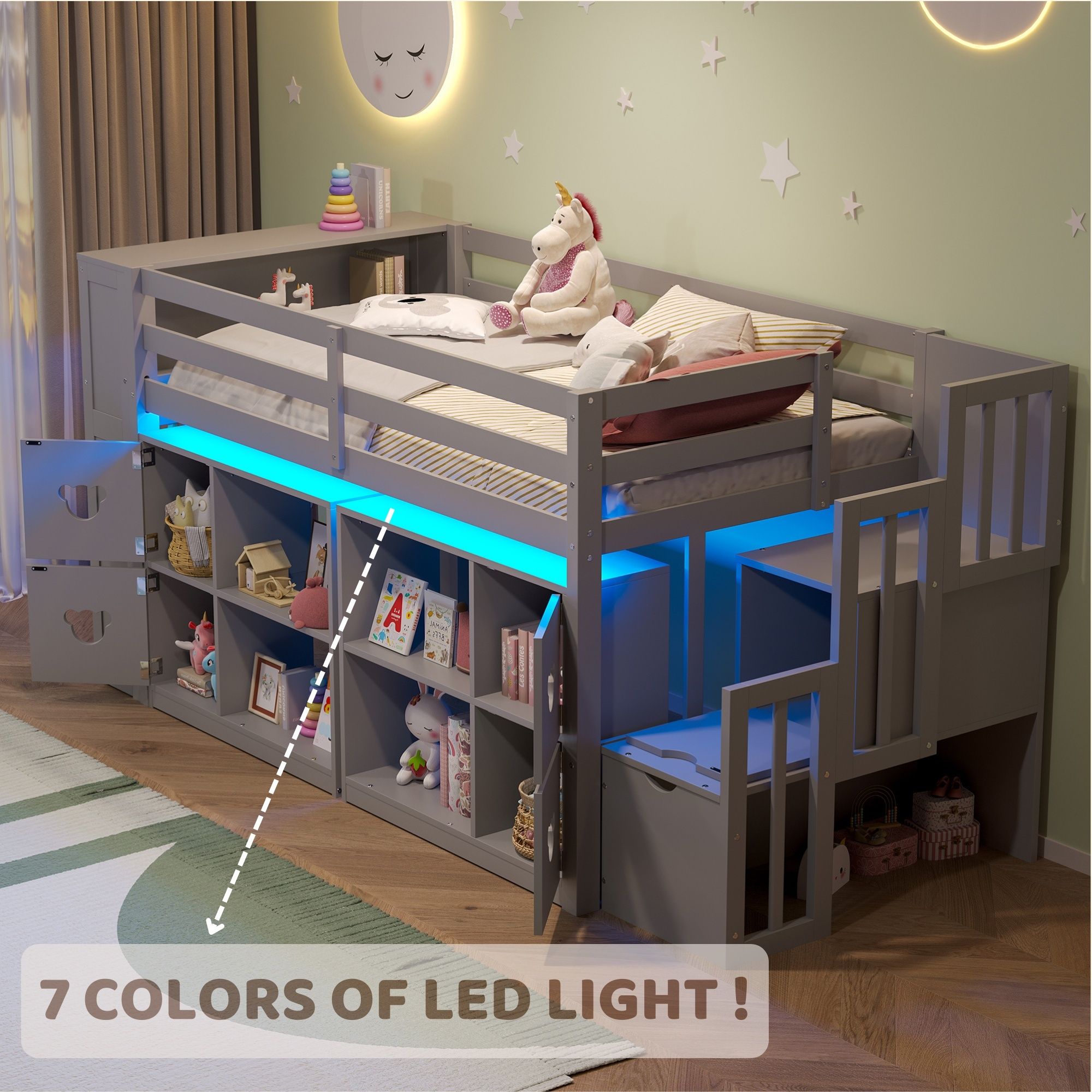 Loft Bed With Storage Cabinets, Staircase Drawers & LED Lights