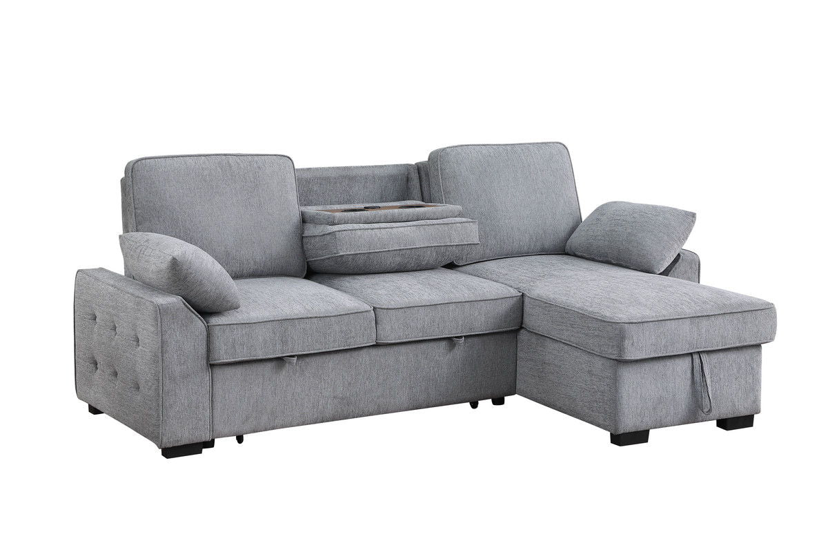 Mackenzie 91"W Light Gray Chenille Fabric Reversible Sleeper Sectional with Storage Chaise, Drop-Down Table, Cup Holders and Charging Ports