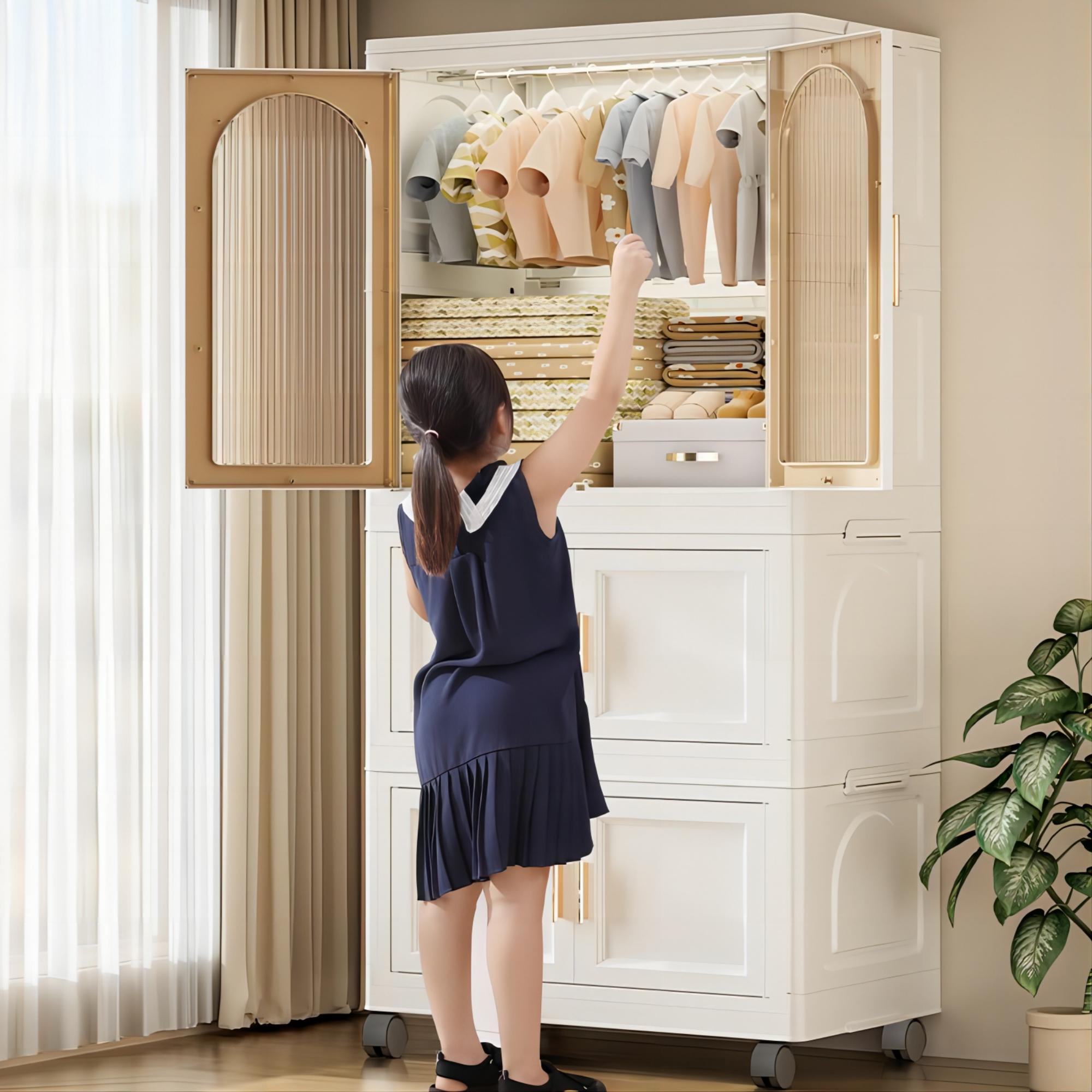 Folding Wardrobe Cabinet With Magnetic Doors, Wheels And Hangers