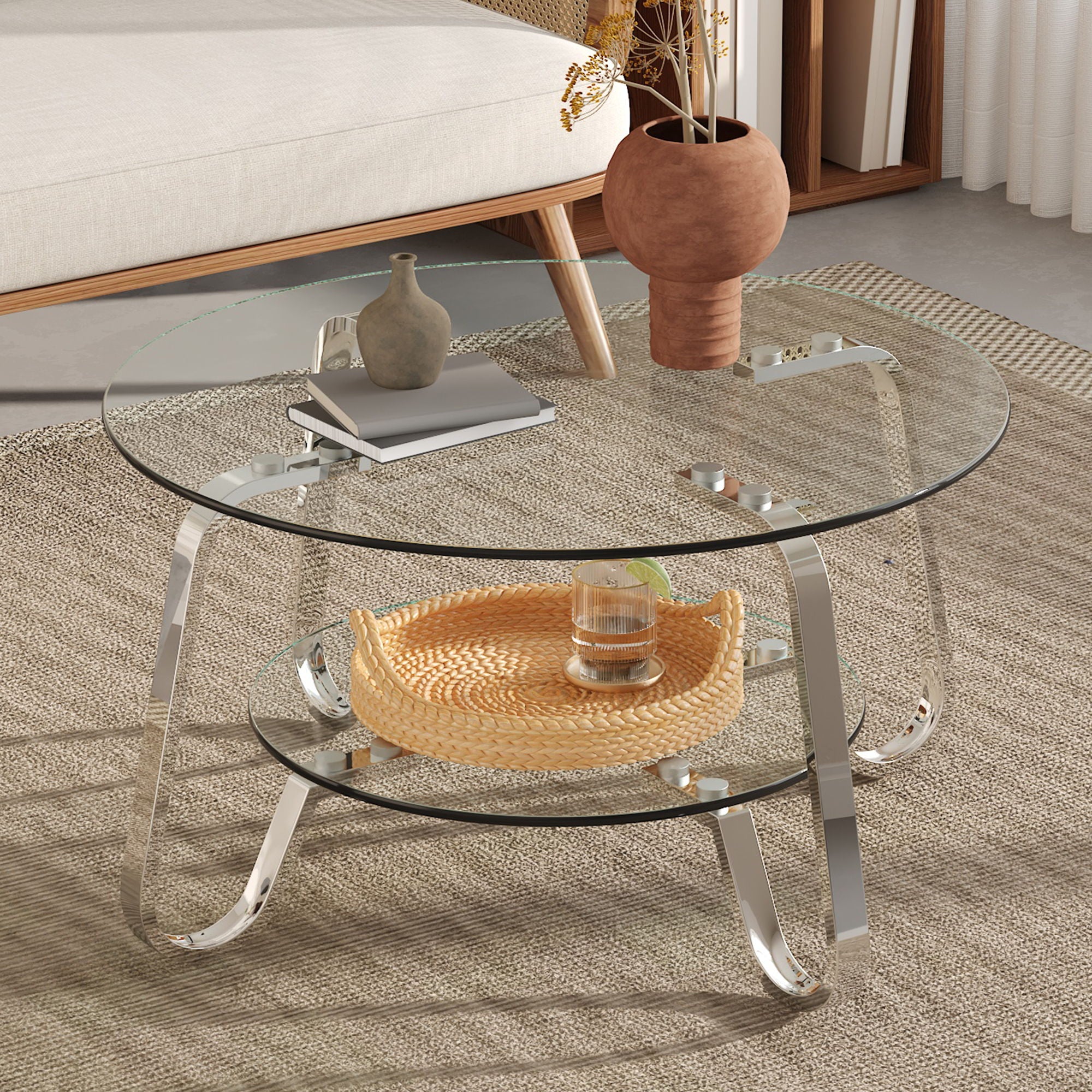 Retro Minimalist Style Metal Frame Double Layer Tempered Glass Coffee Table