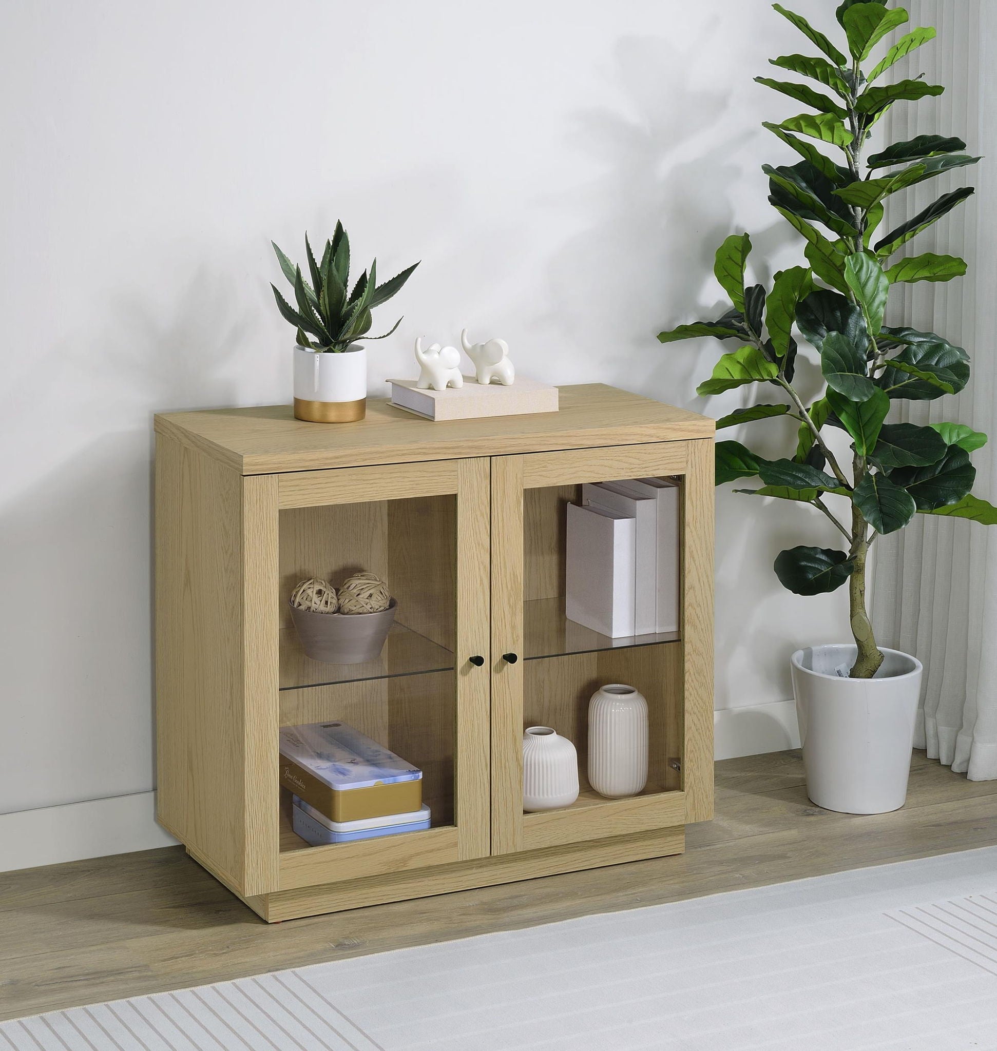 Tilbury 2-door Glass Front Accent Display Cabinet Light Oak