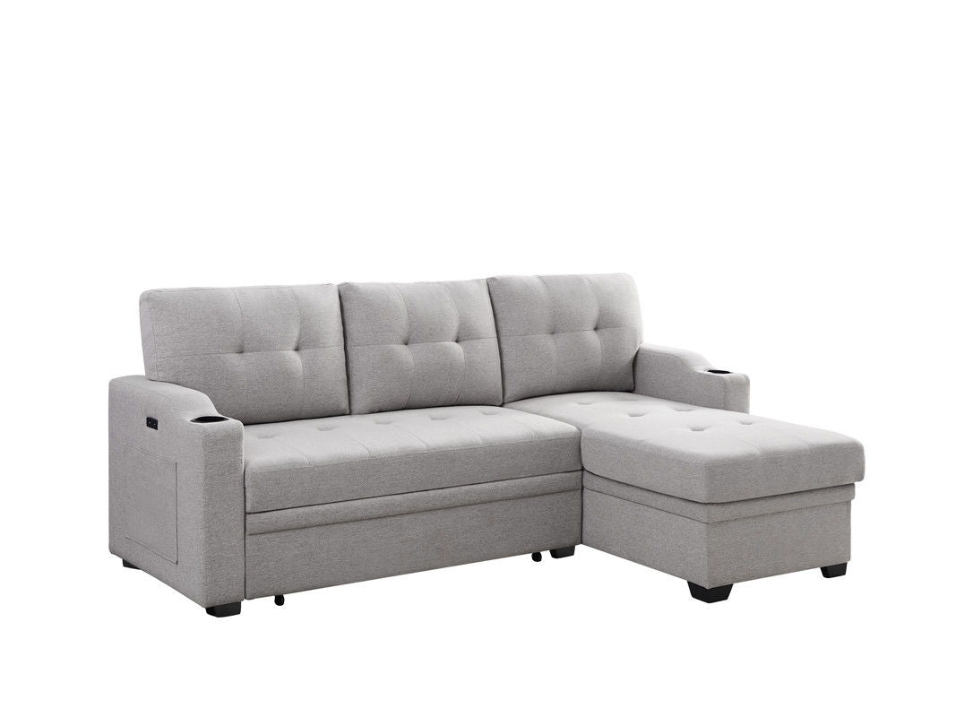 Mabel 83"W Light Gray Linen Fabric Sleeper Sectional with cupholder, USB charging port and pocket