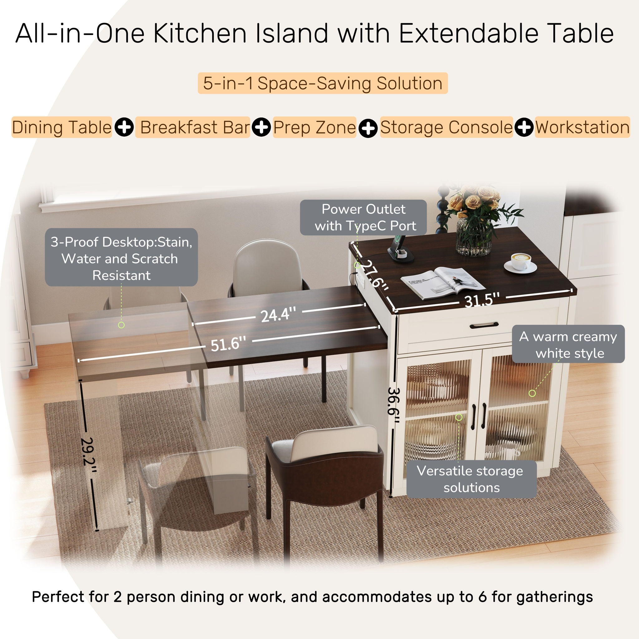 Extendable Kitchen Island With Slide Out Table And Storage Racks For 2 - 6 Person, Power Outlet, Bar, Prep Station - Creamy White / Walnut