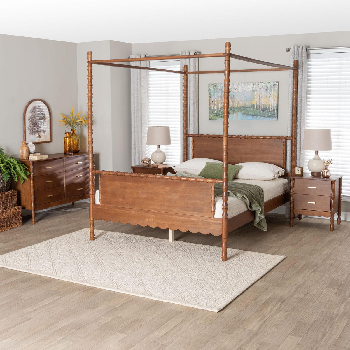 Danette Bobbin Wood 4-Piece Canopy Bedroom Set, Queen