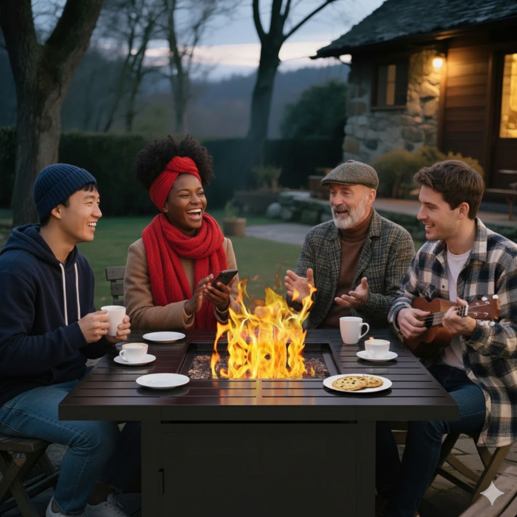 Square 2 In 1 Outdoor Propane Fire Pit Table With Stainless Burner, Lava Rocks, Lid & Waterproof Cover - Black