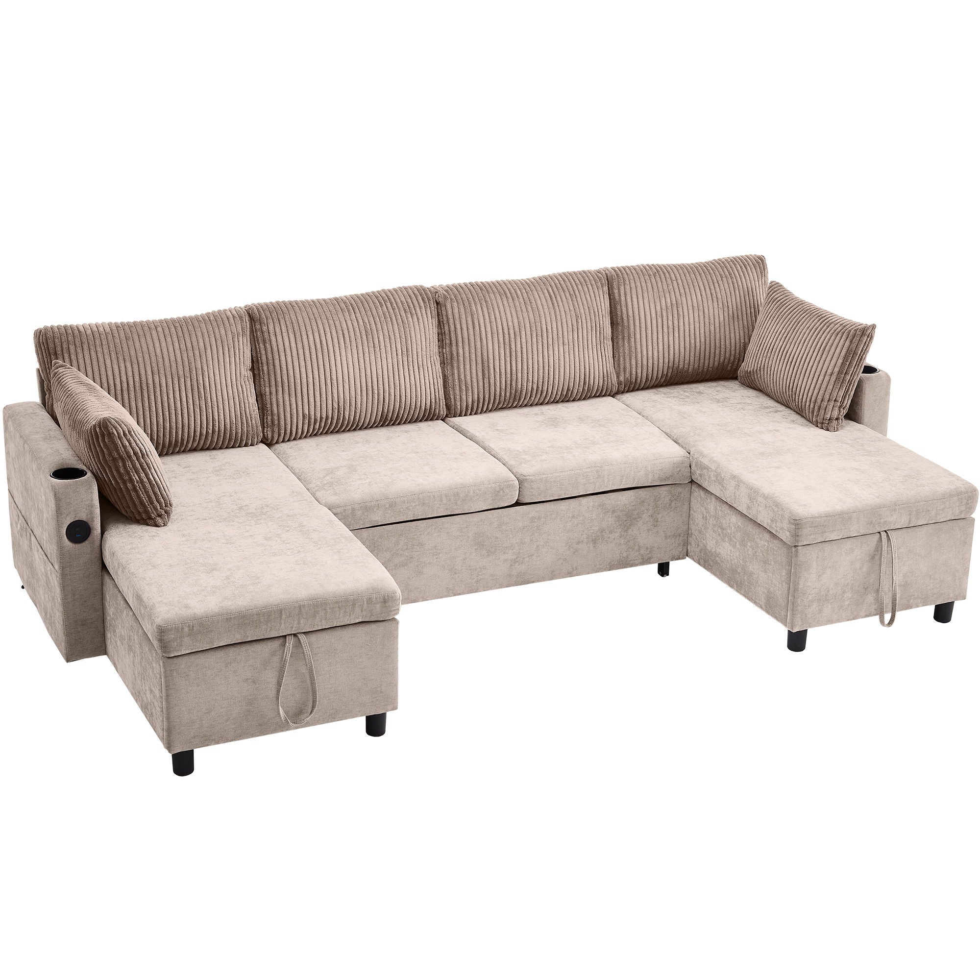 Sectional Sofa Bed With Pull Out Sleeper, USB Ports, Cup Holders