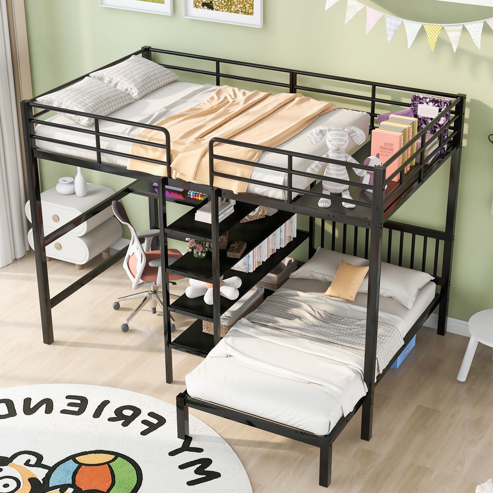 Full Over Twin Bunk Bed With Built In Desk, Shelves And Ladder - Black